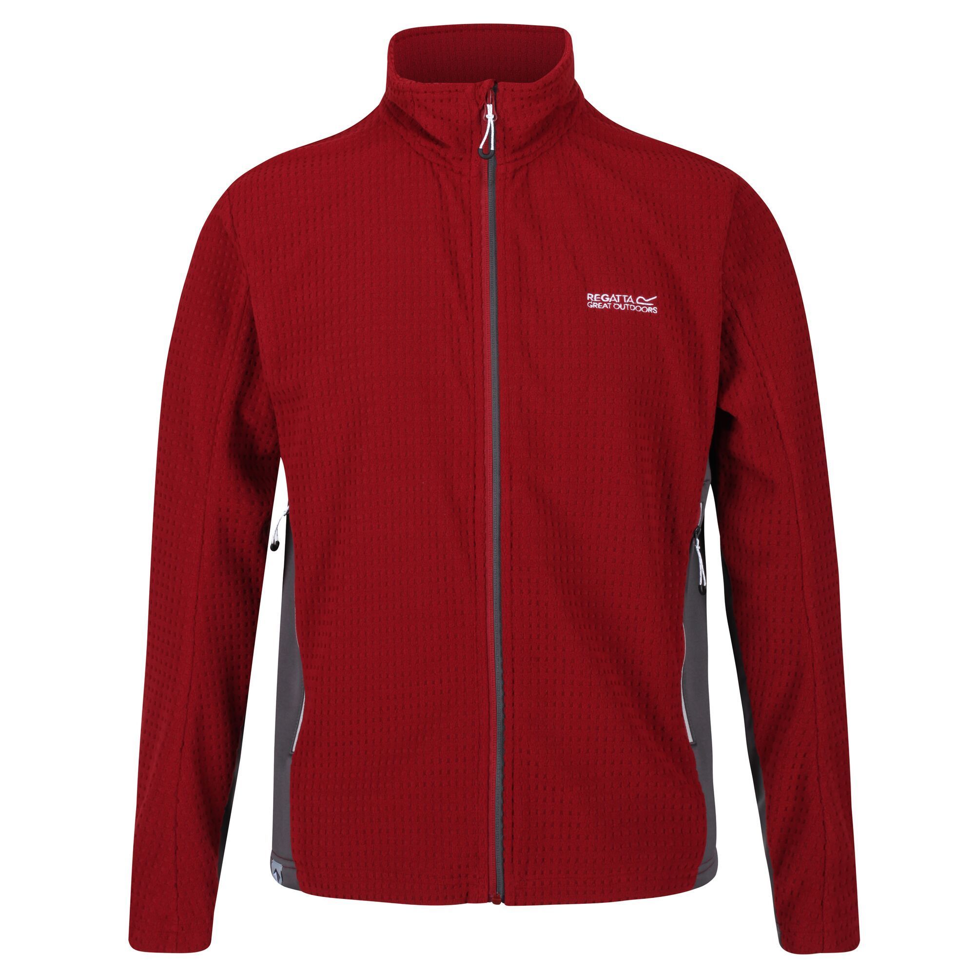 Material: 74% Cotton, 26% Polyester. Two-tone cotton blend fleece (230gsm) with Extol stretch side panels. Breeze blocking stand collar. Features 2 lower zipped pockets. Regatta logo embroidery on the chest.