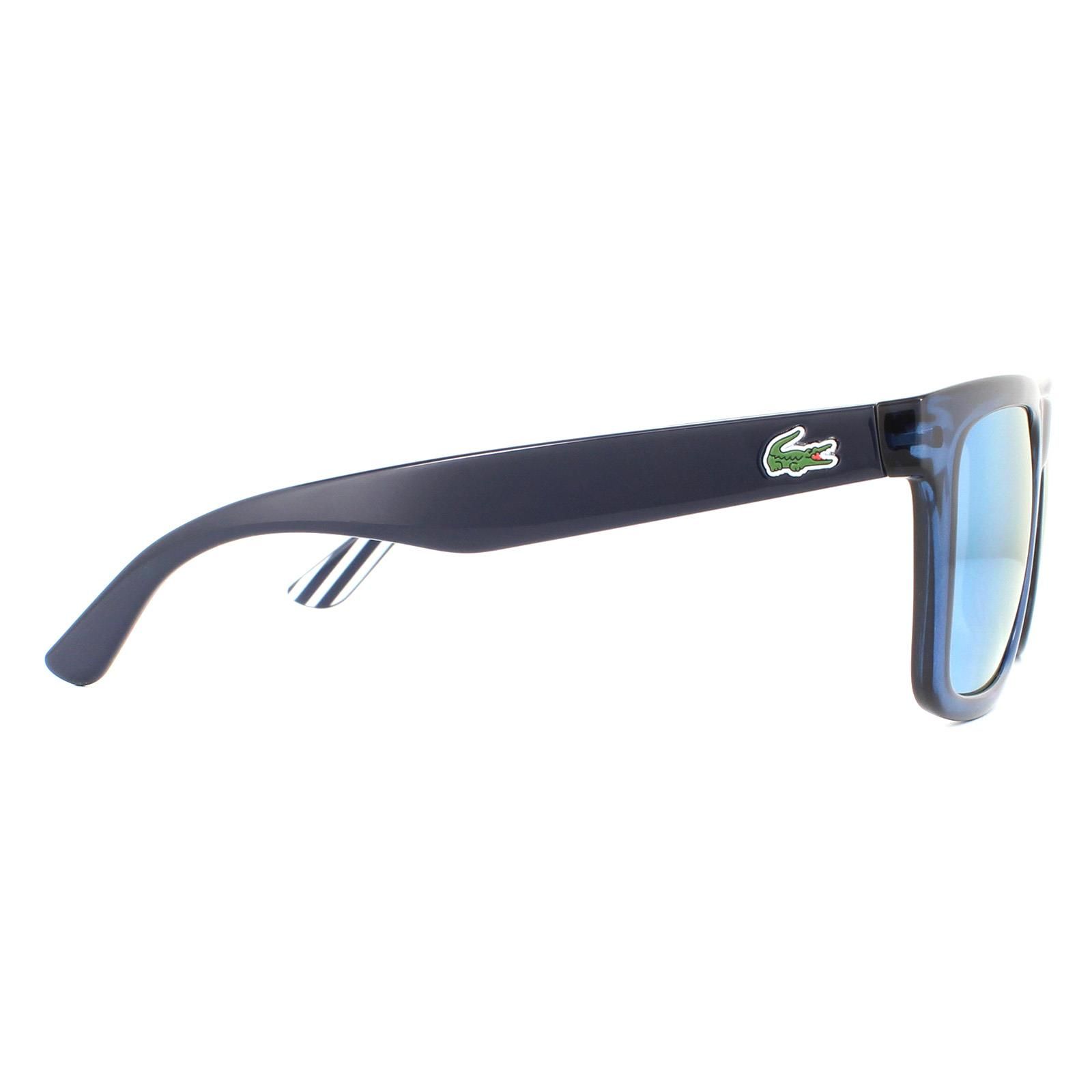 Lacoste Sunglasses L750S 424 Blue Blue Mirror are a simple style with a classic rectangular look with the instantly recognisable alligator logo on the temple. AN interesting black and white inside pattern completes the look.