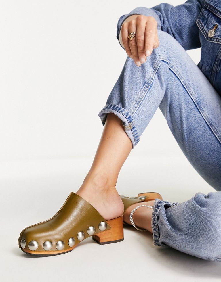 ASOS DESIGN Mia premium leather clog mules in khakiGreen