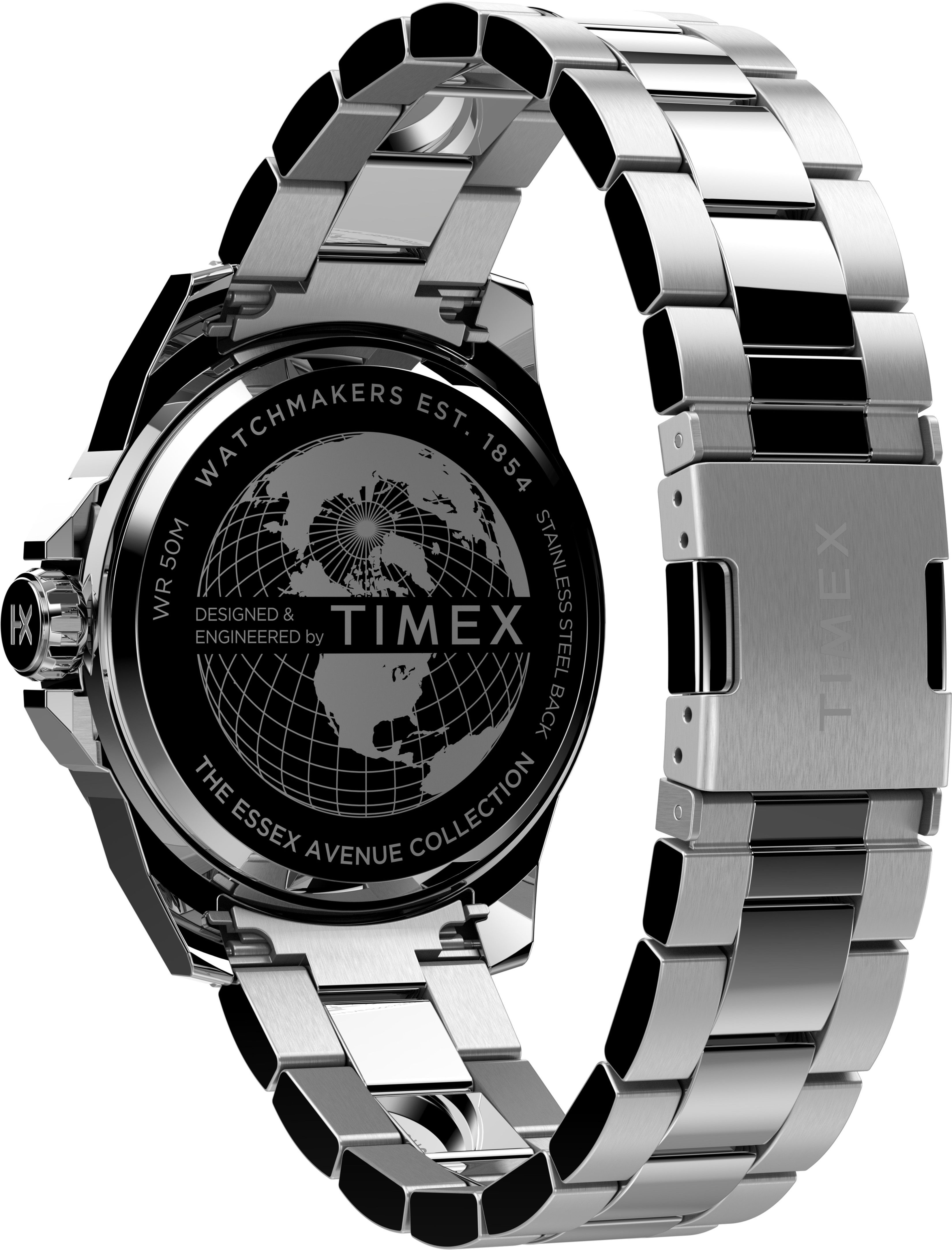This Timex Essex Avenue Multi Dial Watch for Men is the perfect timepiece to wear or to gift. It's Silver 45 mm Round case combined with the comfortable Silver Stainless steel watch band will ensure you enjoy this stunning timepiece without any compromise. Operated by a high quality Quartz movement and water resistant to 5 bars, your watch will keep ticking. This casual and modern watch is perfect for all kind of casual activities, indoor activities or daily use, it's also a great gift for family and friend.  -The watch has a calendar function: Day-Date, 24-hour Display, Luminous Hands, Luminous Numbers High quality 21 cm length and 22 mm width Silver Stainless steel strap with a Fold over with push button clasp Case diameter: 45 mm,case thickness: 12 mm, case colour: Silver and dial colour: Black