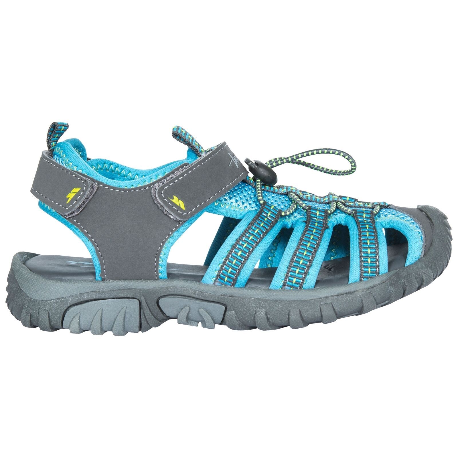 Kids protective active sandal. Closed toe. Adjustable ankle and instep straps. Adjustable pull cord. Cushioned and moulded footbed. Durable multi-purpose outsole. Upper: PU/Mesh/Textile webbing, Lining: Spandex, Outsole: TPR.