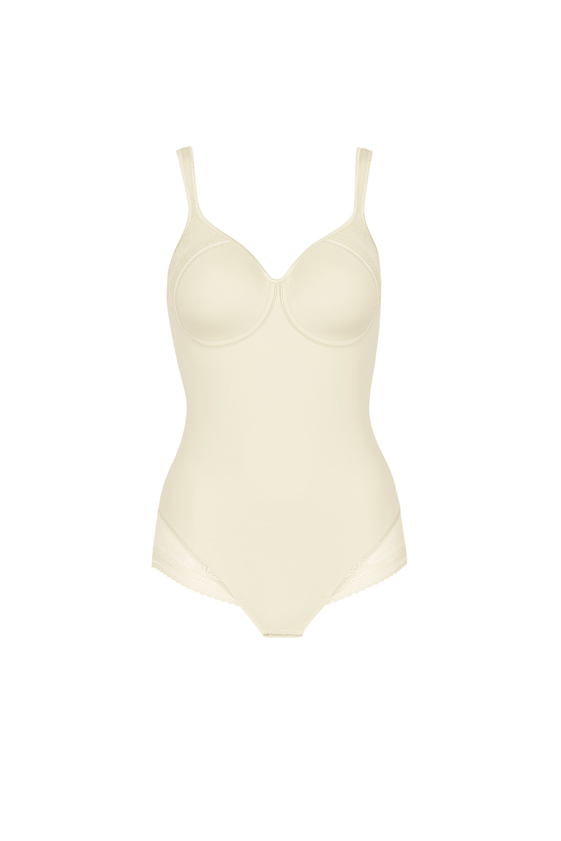 This comfortable bodysuit from the Lisca 'Gina' range is made of soft microfibre. It features lace details on the cups to add a touch of feminine elegance. The foam cups are non-wired. The front of the bodysuit is lined and slightly shaping. The thin lace trim on the leg openings is invisible underneath clothing. This comfortable bodysuit is a practical and elegant choice, especially during cold days.