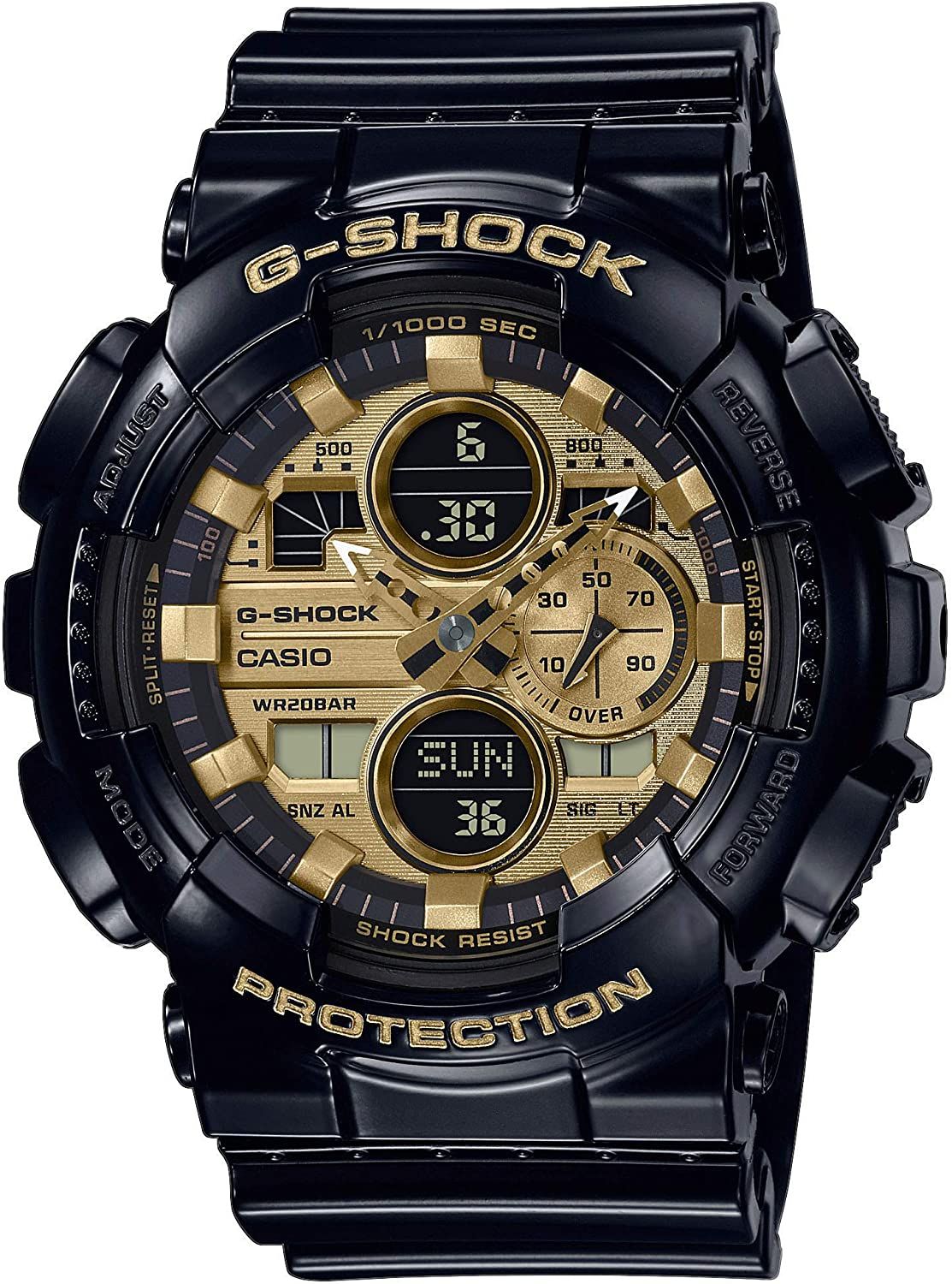 This Casio G-shock Analogue-Digital Watch for Men is the perfect timepiece to wear or to gift. It's Black 50 mm Round case combined with the comfortable Black Plastic will ensure you enjoy this stunning timepiece without any compromise. Operated by a high quality Quartz movement and water resistant to 20 bars, your watch will keep ticking. This sporty and trendy watch is a perfect gift for New Year, birthday,valentine's day and so on  -The watch has a calendar function: Day-Date, Stop Watch, Worldtime, Timer, Alarm, Alarm High quality 21 cm length, 28 mm wide, Black Plastic strap with a Buckle Case Diameter: 50 mm, Case height: 16 mm and Case color: Black Dial color: Gold
