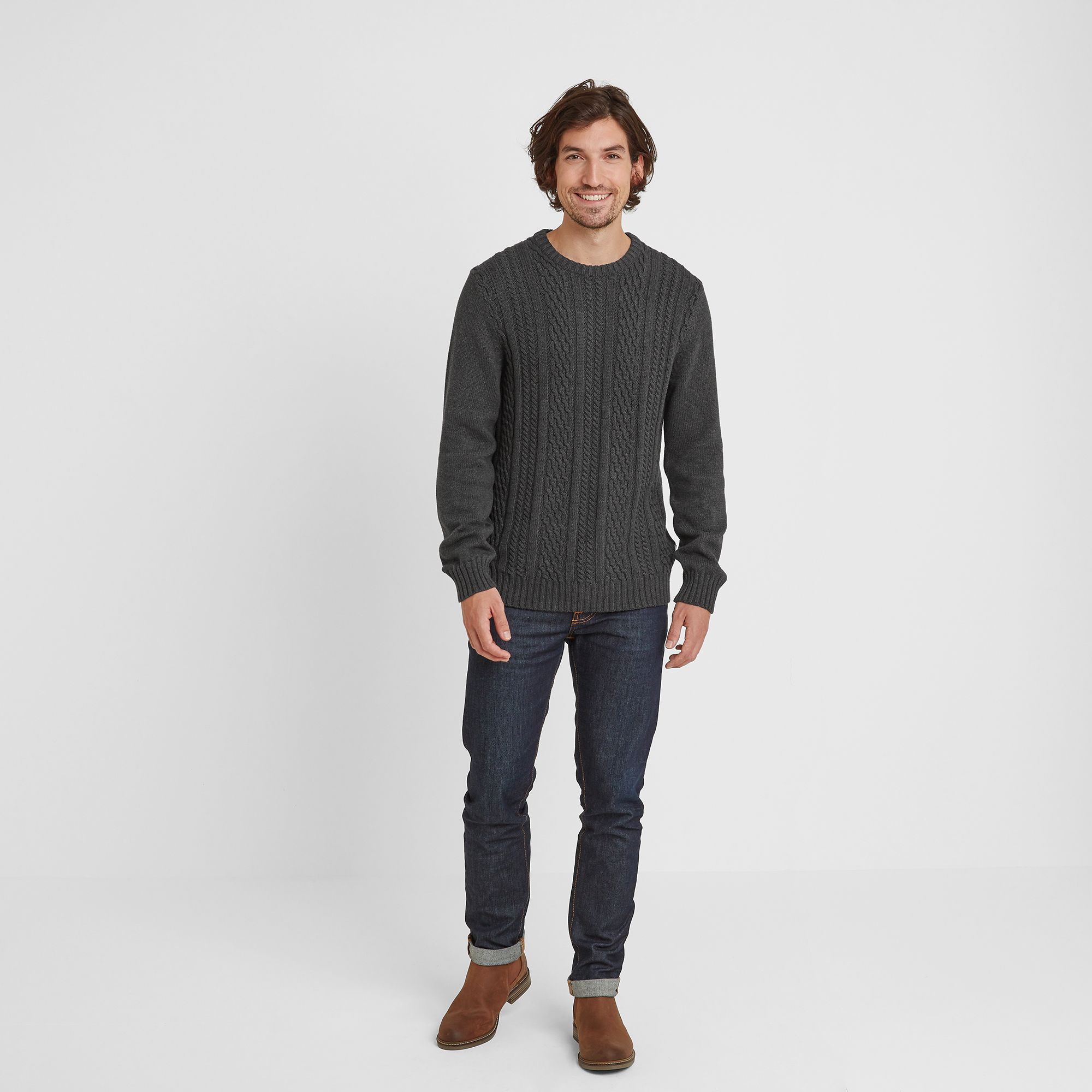 Aaron Mens Cable Knit Jumper Dark Grey Marl