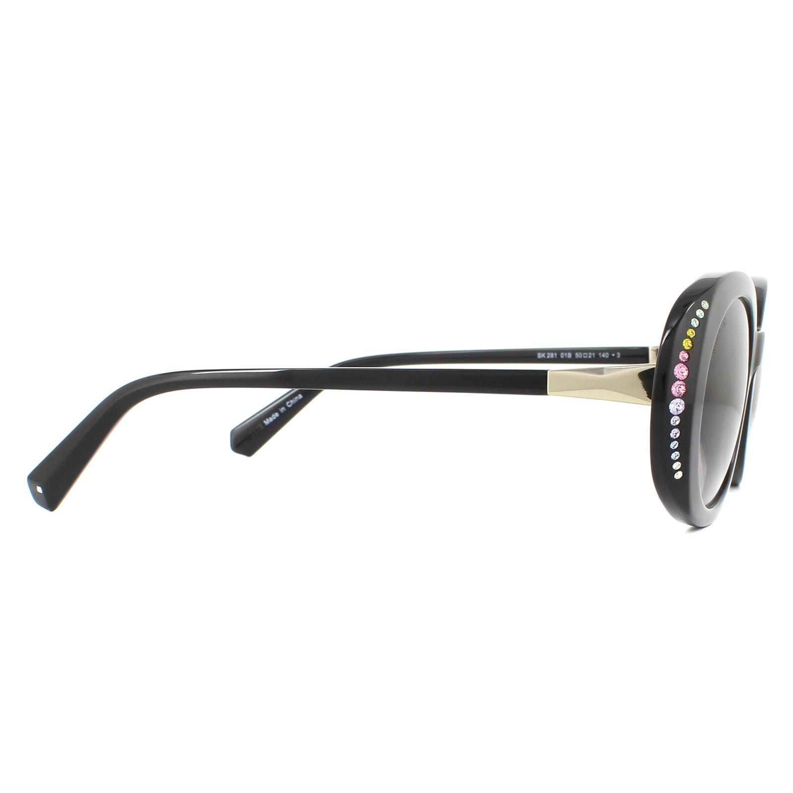 Swarovski Sunglasses SK0281/S 01B Black Smoke Grey Gradient are an elegant oval design crafted from lightweight acetate and embellished with Swarovski crystals on the outer edges of the frame with Swarovski logos engraved into the hinges.