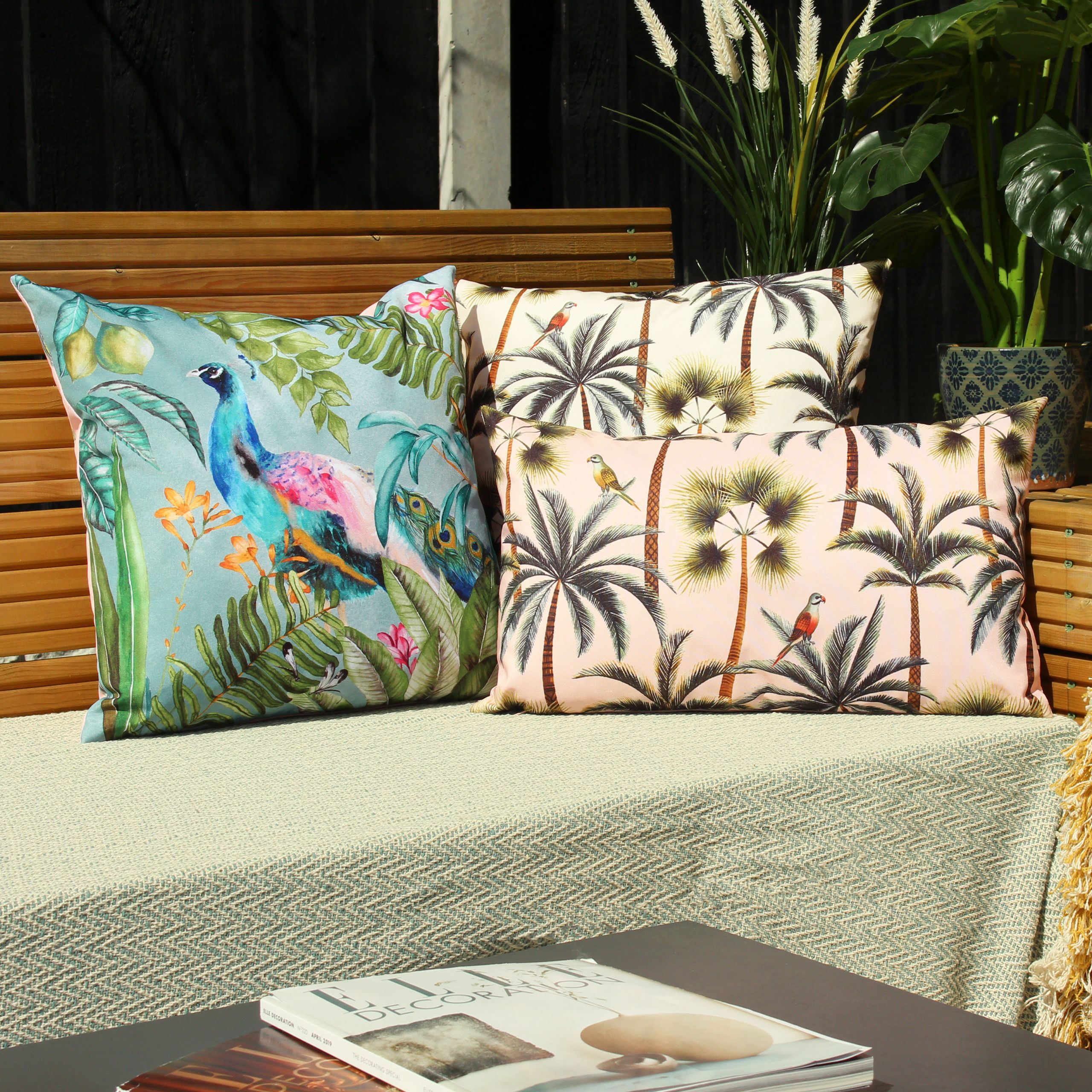 Featuring a beautifully detailed Peacock amongst tropical foliage, on a water resistant polyester, the Peacock cushion is the perfect addition to your outdoor space.