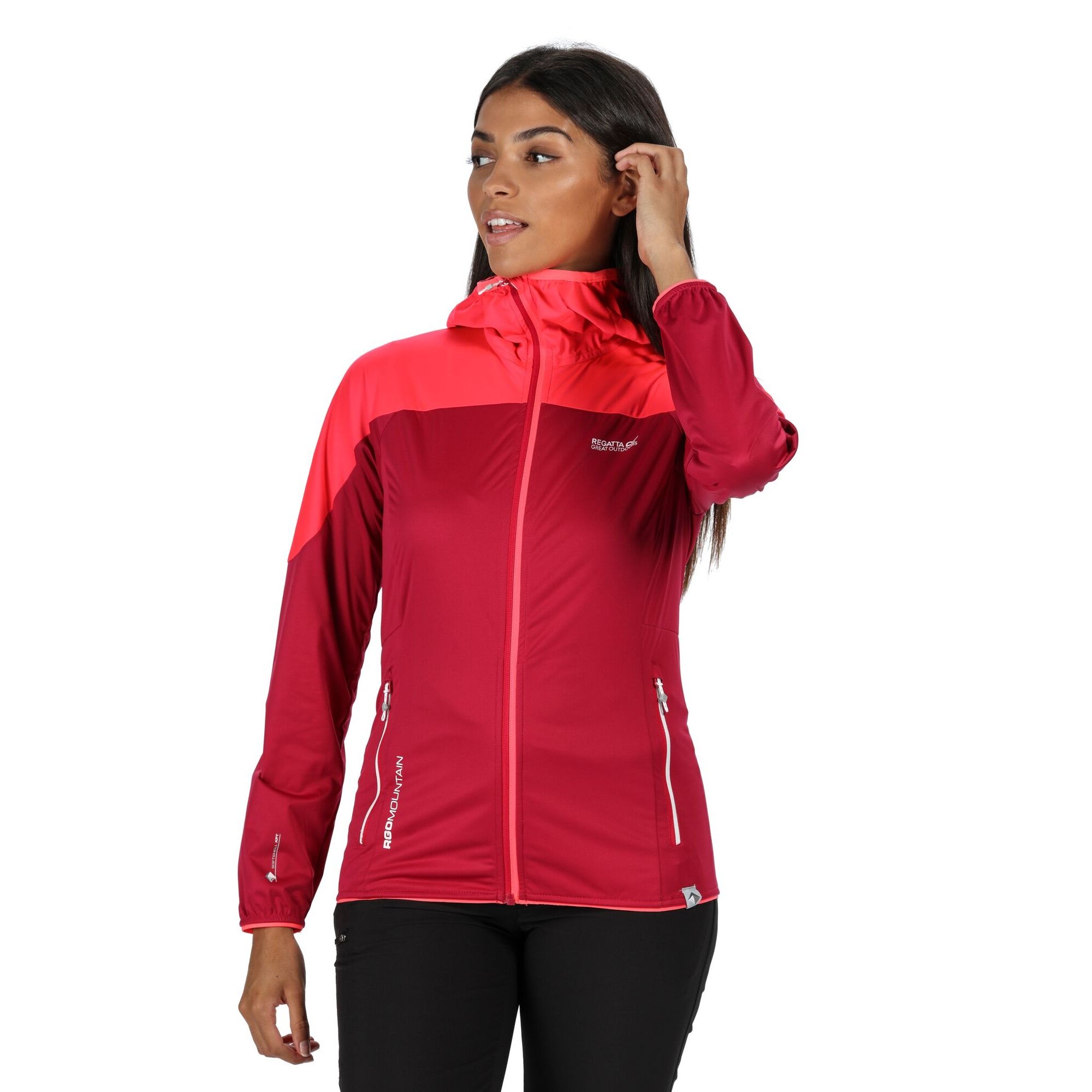 Material: 100% polyester. Waterproof and windproof membrane fabric. Durable water repellent finish. Grown on hood. Inner zip guard. Articulated sleeves for enhanced range of movement. 2 zipped lower pockets. Mesh lined pockets for breathability. Stretch binding to hood opening, cuffs and hem.