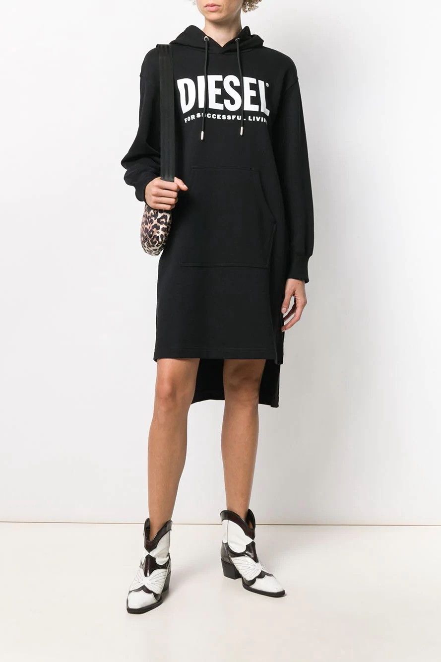 Brand: Diesel Gender: Women Type: Dresses Season: All seasons  PRODUCT DETAIL • Color: black • Pattern: print • Fastening: slip on • Sleeves: long • Collar: hood  COMPOSITION AND MATERIAL • Composition: -100% cotton  •  Washing: machine wash at 30°