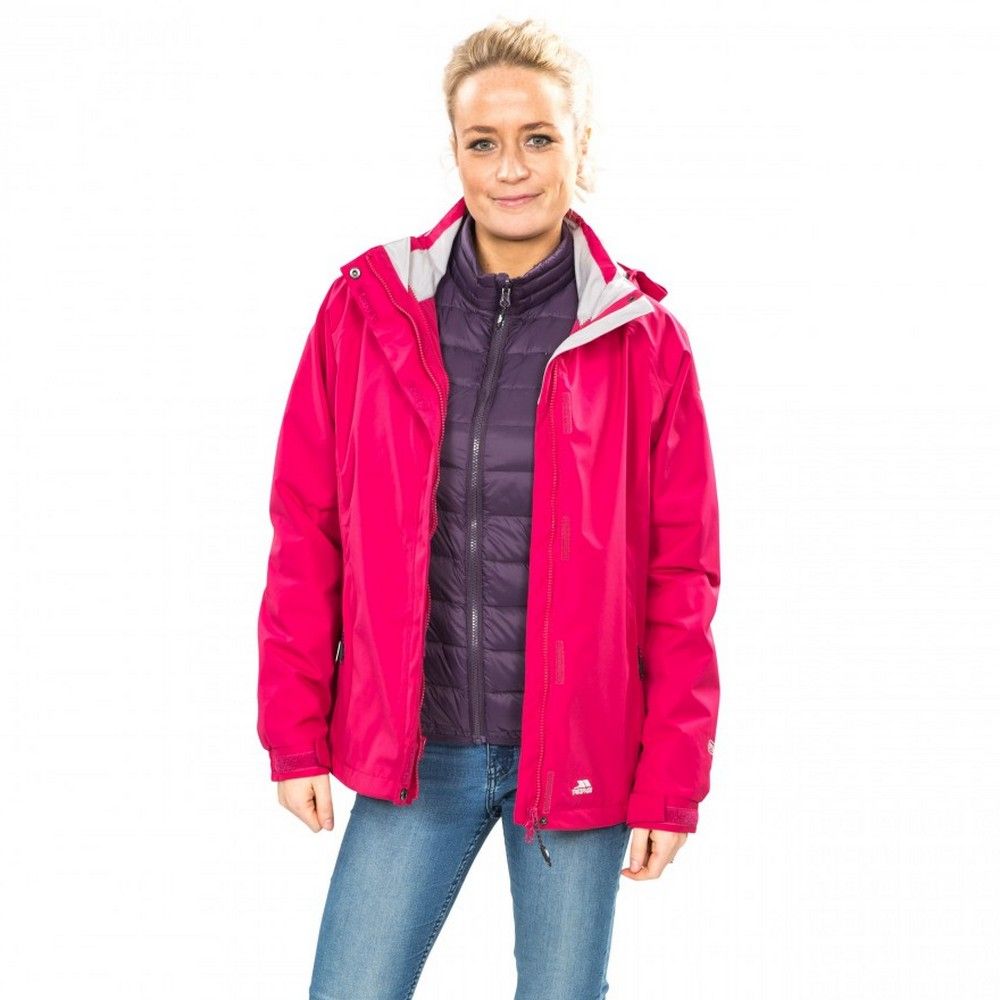 Detachable inner down jacket. 2 waterproof zip pockets. Adjustable cuffs. Adjustable zip off hood. Hem drawcord. Inner down jacket. 2 zip pockets. Waterproof 3000mm, breathable 3000mm, windproof, taped seams. Shell: 100% Polyester Pongee, TPU membrane, Lining: 100% Polyester, Inner jacket: 100% Polyamide, Lining: 100% Polyamide, Filling: 90% Down/10% Feather. Trespass Womens Chest Sizing (approx): XS/8 - 32in/81cm, S/10 - 34in/86cm, M/12 - 36in/91.4cm, L/14 - 38in/96.5cm, XL/16 - 40in/101.5cm, XXL/18 - 42in/106.5cm.