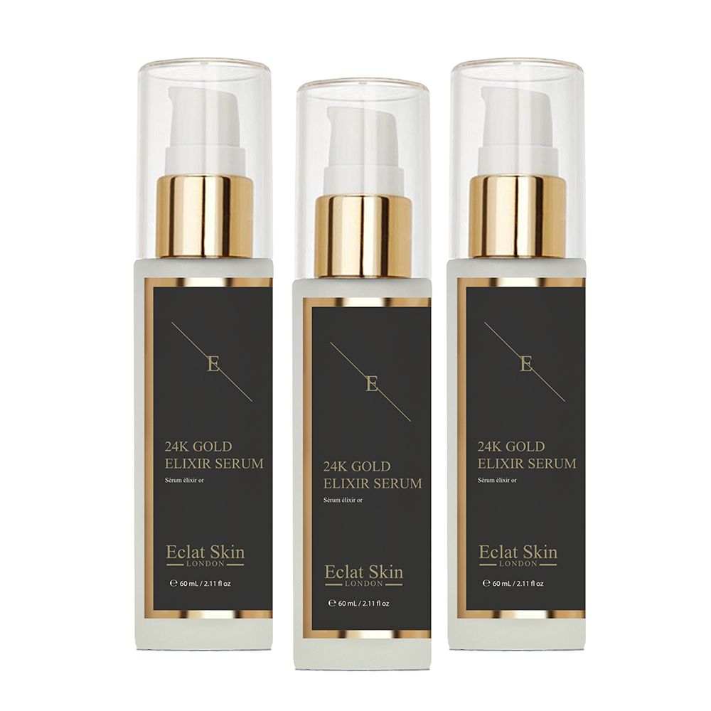 3 x Eclat Skin Londonâ€™s Anti-Wrinkle Elixir Serum aims to boost skin renewal and smoothen the look of fine lines and wrinkles. The elixir serum has smooth gel like texture that glides on the skin like a dream - hydrating, moisturising and nourishing the skin. Activated with 24K Gold and Vitamin A.

Key Ingredients:

24 K - CARAT GOLD
Gold has been used in skincare from Egyptian times, it is said that Cleopatra used to sleep with a gold mask. Gold is a true anti-ageing ingredient as it is anti-oxidant that protects, balances and calms the skin as well as aims to brighten and firm.

COENZYME Q10
Coenzyme Q10 (CoQ10) is a vitamin-like substance produced by the human body and is necessary for the basic functioning of cells. CoQ10 has the beneficial effect of preventing photoaging and wrinkles, most notably crows feet around the eyes.

VITAMIN-A / RETINYL PALMITE
Retinyl palmitate is the ester of retinol (vitamin A) combined with palmitic acid, a saturated fatty acid. Retinyl palmitate is considered a less irritating form of retinol, and a gentler ingredient on sensitive skin. It has similar effect to Retinol that is known to be one of the best anti-ageing skincare ingredients in the world. It has an effect of repeatedly shedding the upper dermal layer forces the skin to produce new cells, this aims to boost skin renewal and smoothens the look of wrinkles.

Directions for use: Take one or two pumps of the elixir serum to tip of your fingers and dap a dot to your both cheeks, forehead and chin. Massage evenly. Spread any leftover to your neck and dÃ©colletage. For best results continue with Eclat Skin London Gold 24K Anti-Wrinkle Cream.