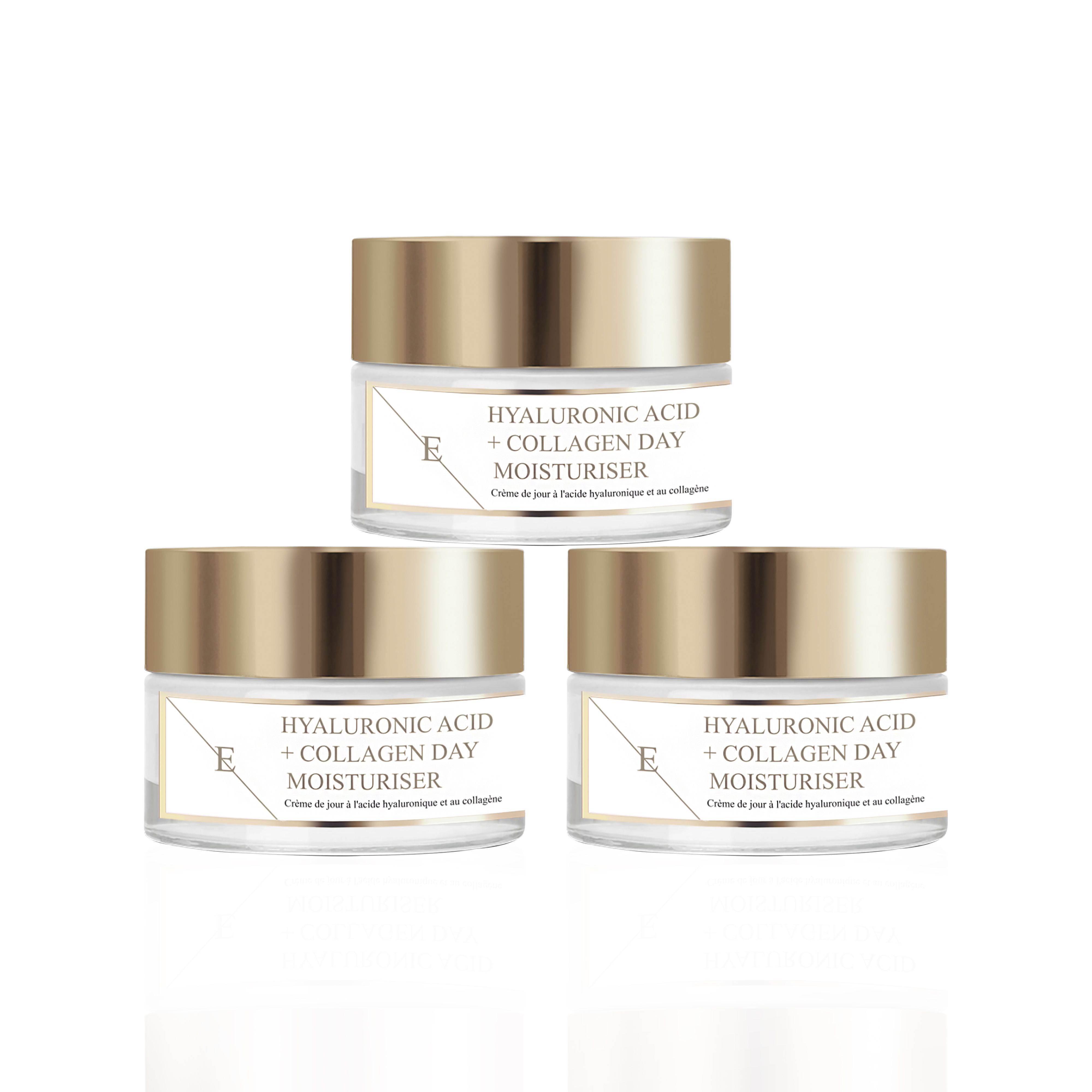 3 x HYALURONIC ACID AND COLLAGEN DAY CREAM 50ml

This anti-ageing day cream contains hydration boosting Hyaluronic Acid and Collagen Amino acids. The cream aims to smoothen the look of dehydration lines for youthful plump and nourished looking complexion.

Key Ingredients:

HYALURONIC ACID
Hyaluronic Acid is naturally found in our skin, as we age our body's natural production of hyaluronic acid slows down. Hyaluronic acid is a key element making the skin looking plump and youthful as it hold moisture 1000 times its own weight. Our hyaluronic acid is called Sodium Hyaluronate and it is smaller size of hyaluronic acid that is able to penetrate and hydrate more deeper levels of the skin than normal hyaluronic acid.

COLLAGEN AMINO ACIDS
Collagen is naturally found in our skin and as we age the production of collagen slows down. As an skincare ingredient collagen aims to boost plumpness and the look of the skin by bringing moisture and hydration to the skin.

SWEET ALMOND OIL
Sweet almond oil is high in natural fatty acids and it nourishes and keeps skin moisturised.

GREEN TEA LEAF EXTRACT
Green tea leaf extract is powerful antioxidant that protects the skin from free radical damage and so aims to contribute to prevention of the signs of premature ageing.

PROVITAMIN B5
Provitamin B5 aims to retain and preserve moisture. Provitamin B5 protects the skinâ€™s barrier and helps the skin to retain its moisture levels and shield it from irritation. By applying a product with Provitamin B5, you will maximise your skinâ€™s hydration while improving its softness and elasticity.

Directions for use: Apply pea-sized amount of the cream on cleansed face, neckline and neck in the morning.