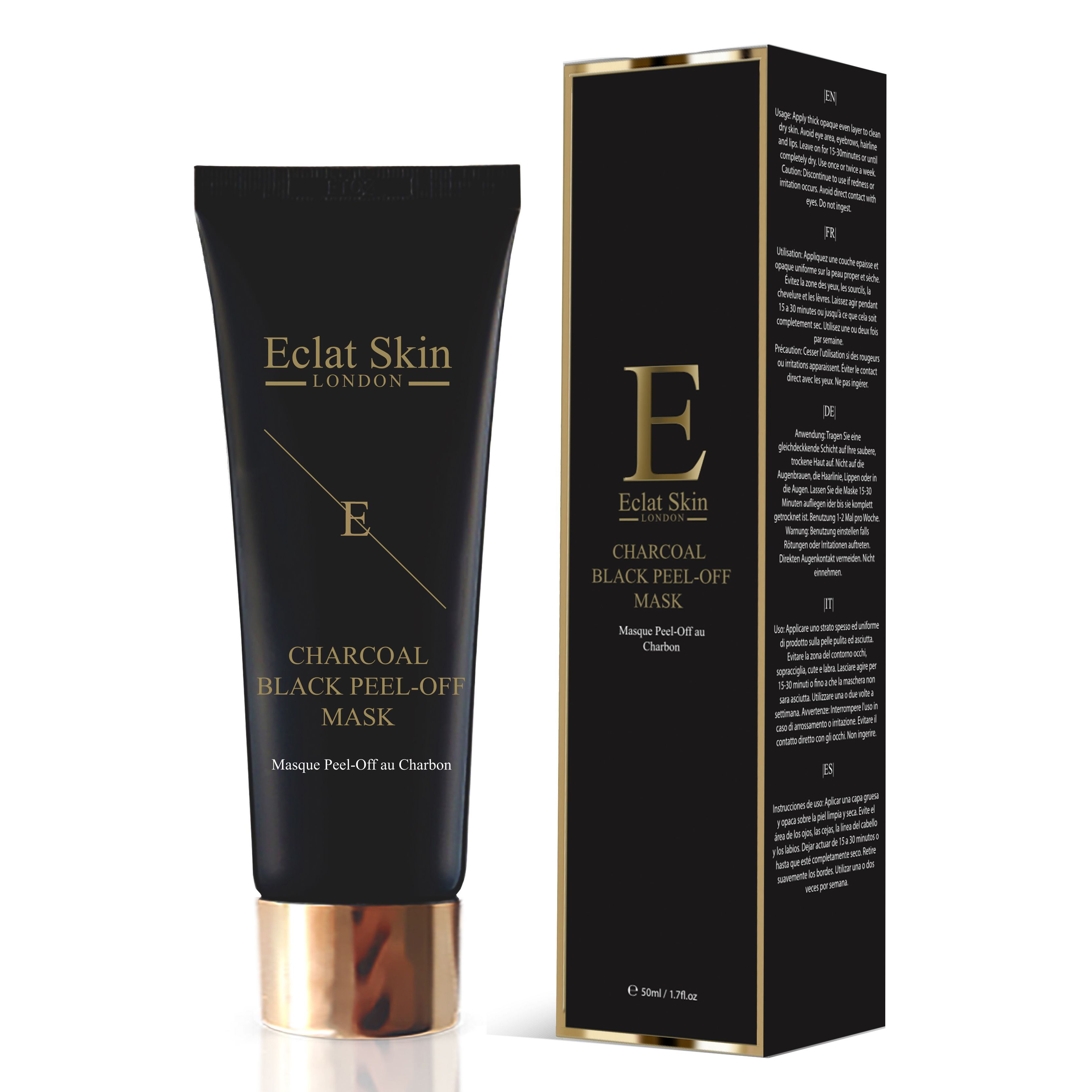 PURIFYING CHARCOAL BLACK PEEL-OFF MASK 24K GOLD - 50ml 

Eclat Skin London’s Purifying Black Peel-Off Mask aims to purify, cleanse and retextures the top layer of the skin. Containing natural bamboo charcoal and white peony root extract this peel of mask is a great treatment for dull, tired looking skin with imperfections. The formula is sticky black gel that is easy to apply even layer to the skin.

Key Ingredients:

BAMBOO CHARCOAL
Bamboo Charcoal has a long history of use first documented in China in 1486 AD, during the Ming Dynasty. The Activated Bamboo Charcoal is so fine that it can act like a magnet to capture and trap toxins and excess oil by adhering them to itself.Â 

WHITE PEONY ROOT EXTRACT
White Peony root extract aims to sooth and moisturise the skin. It is anti-bacterial and works to promote skin healing.

GLYCERIN
Glycerin mimics whatâ€™s known as skinâ€™s natural moisturising factor (NMF), which is why itâ€™s compatible with all skin types, of all ages. It also helps the skin to shield from environmental sources of irritation and aims to Improve skinâ€™s resiliency and youthful look.

Directions for use: Apply thick opaque even layer to clean, dry skin. Avoid eye area, eyebrows, hairline and lips. Leave on for 15 - 30 minutes or until completely dry. Peel off from the edges gently. Use once or twice a week.