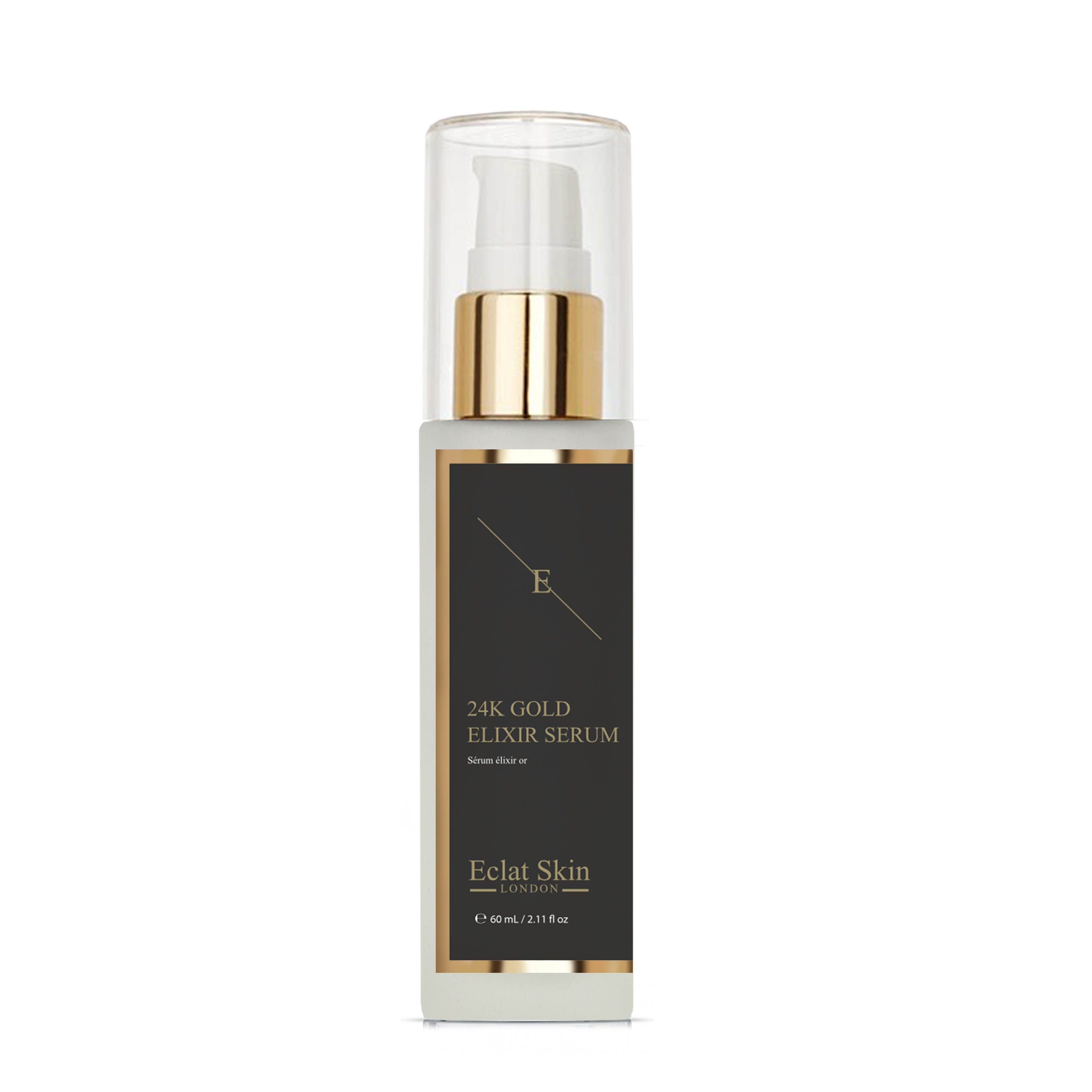 ANTI-WRINKLE ELIXIR SERUM 24K GOLD - 60ml 

Eclat Skin London’s Anti-Wrinkle Elixir Serum aims to boost skin renewal and smoothen the look of fine lines and wrinkles. The elixir serum has smooth gel like texture that glides on the skin like a dream - hydrating, moisturising and nourishing the skin. Activated with 24K Gold and Vitamin A.

Key Ingredients:

24 K - CARAT GOLD
Gold has been used in skincare from Egyptian times, it is said that Cleopatra used to sleep with a gold mask. Gold is a true anti-ageing ingredient as it is anti-oxidant that protects, balances and calms the skin as well as aims to brighten and firm.

COENZYME Q10
Coenzyme Q10 (CoQ10) is a vitamin-like substance produced by the human body and is necessary for the basic functioning of cells. CoQ10 has the beneficial effect of preventing photoaging and wrinkles, most notably crows feet around the eyes.

VITAMIN-A / RETINYL PALMITE
Retinyl palmitate is the ester of retinol (vitamin A) combined with palmitic acid, a saturated fatty acid. Retinyl palmitate is considered a less irritating form of retinol, and a gentler ingredient on sensitive skin. It has similar effect to Retinol that is known to be one of the best anti-ageing skincare ingredients in the world. It has an effect of repeatedly shedding the upper dermal layer forces the skin to produce new cells, this aims to boost skin renewal and smoothens the look of wrinkles.

Directions for use: Take one or two pumps of the elixir serum to tip of your fingers and dap a dot to your both cheeks, forehead and chin. Massage evenly. Spread any leftover to your neck and dÃ©colletage. For best results continue with Eclat Skin London Gold 24K Anti-Wrinkle Cream.