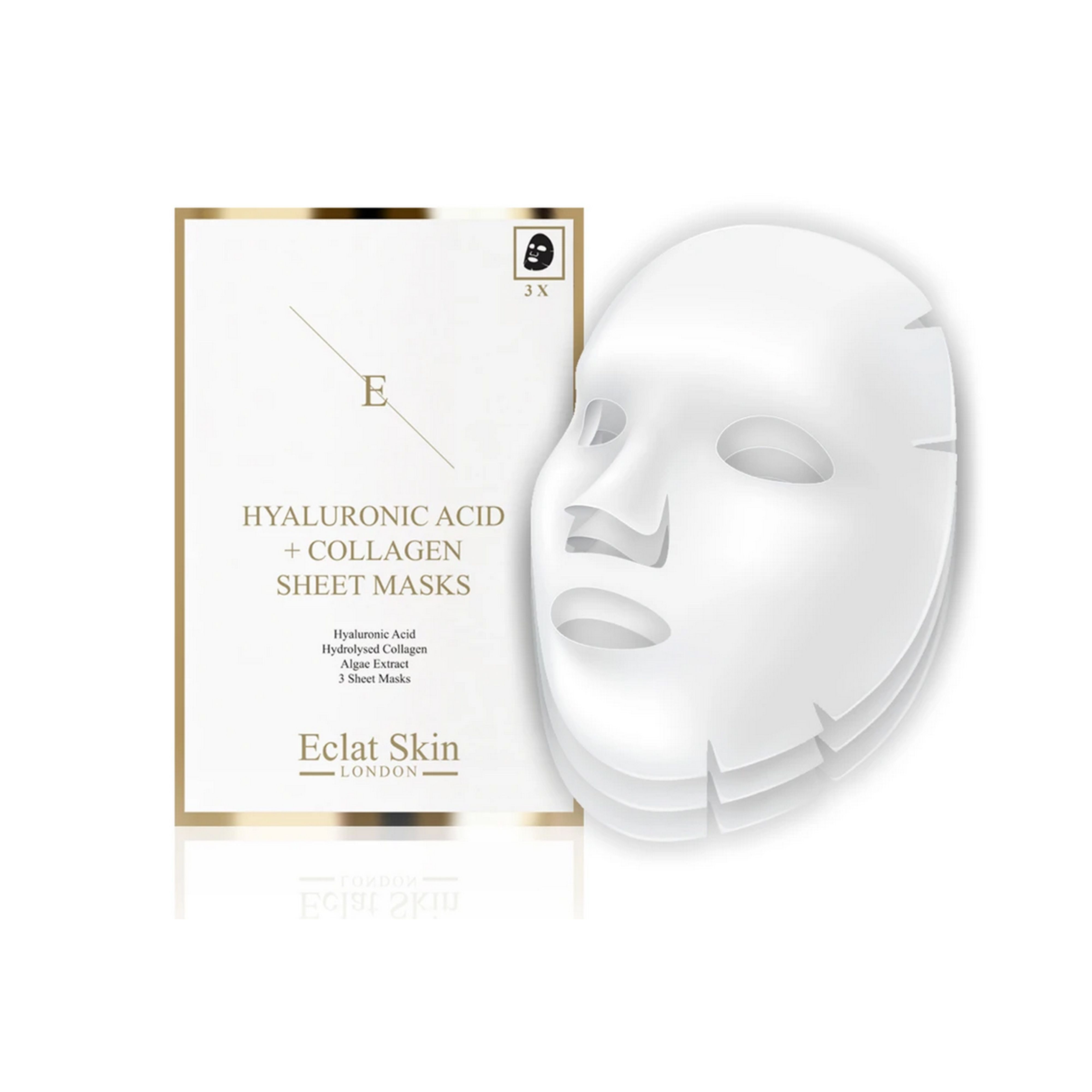 SHEET MASK WITH HYALURONIC ACID AND COLLAGEN


Three luxury 30-minute hydration treatment sheet masks with pioneering formula that contains Hyaluronic Acid, Collagen, Algae Extract and three natural extracts high in antioxidants. Designed to hydrate, nourish and plump dehydrated and dull looking skin. Use before makeup, special event or as a weekly relaxation and hydration treatment.

HYALURONIC ACID
Hyaluronic Acid is naturally found in our skin, as we age our body's natural production of hyaluronic acid slows down. Hyaluronic acid is a key element making the skin looking plump and youthful as it hold moisture 1000 times its own weight. Our hyaluronic acid is called Sodium Hyaluronate and it is smaller size of hyaluronic acid that is able to penetrate and hydrate more deeper levels of the skin than normal hyaluronic acid.

HYDROLYSED COLLAGEN
Collagen is naturally found in our skin and as we age the production of collagen slows down. As an skincare ingredient collagen aims to boost plumpness and the look of the skin by bringing moisture and hydration to the skin.

NATTO GUM
Natto gum is a fermentation product of soya protein and powerful antioxidant that aims to protect the skin from free radical damage.

MULBERRY EXTRACT
Mulberry extract is an antioxidant with skin brightening properties.

GINKGO BILOBA LEAF EXTRACT
Ginkgo Biloba leaf extract is an antioxidant that aims to protect the skin from free radical damage.


Directions for use: Take the mask out of the package, carefully place it over clean and dry face, and smooth it out with your fingers. Take the mask off after approximately 30 minutes. Delicately massage the remaining serum in, and allow it to be fully absorbed or wipe away with cloth.