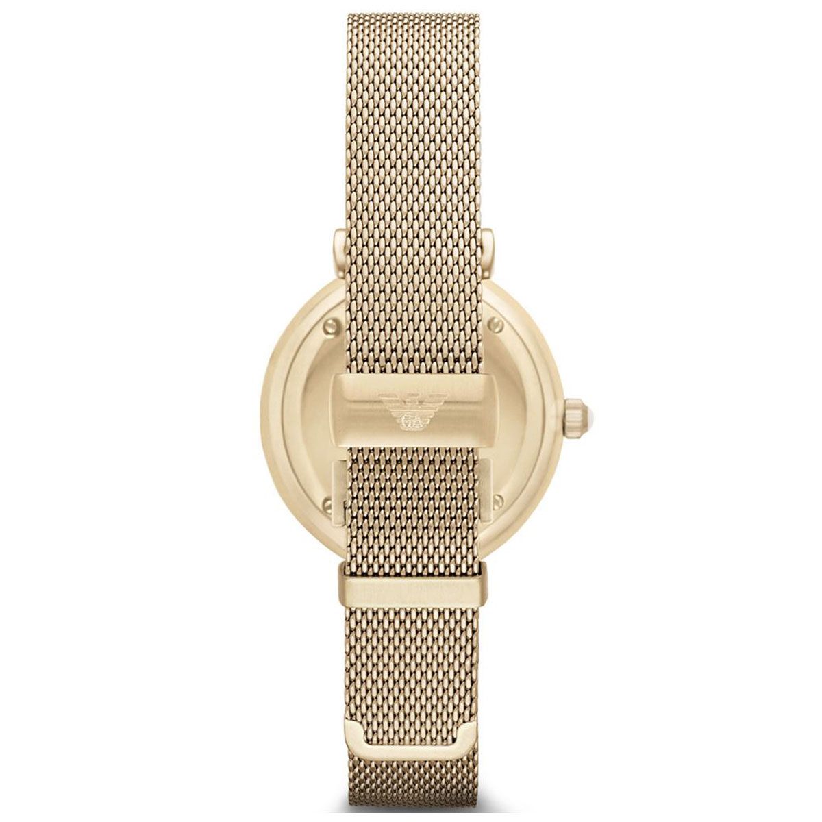 The Ladies Gold Slim Mesh Designer Emporio Armani Watch AR1957 is a fantastic ladies watch. This watch has a 32mm gold stainless steel case with an analogue display. The watch has a gold dial with a gold stainless steel mesh strap and is powered by quartz movement. EAN 4053858628403