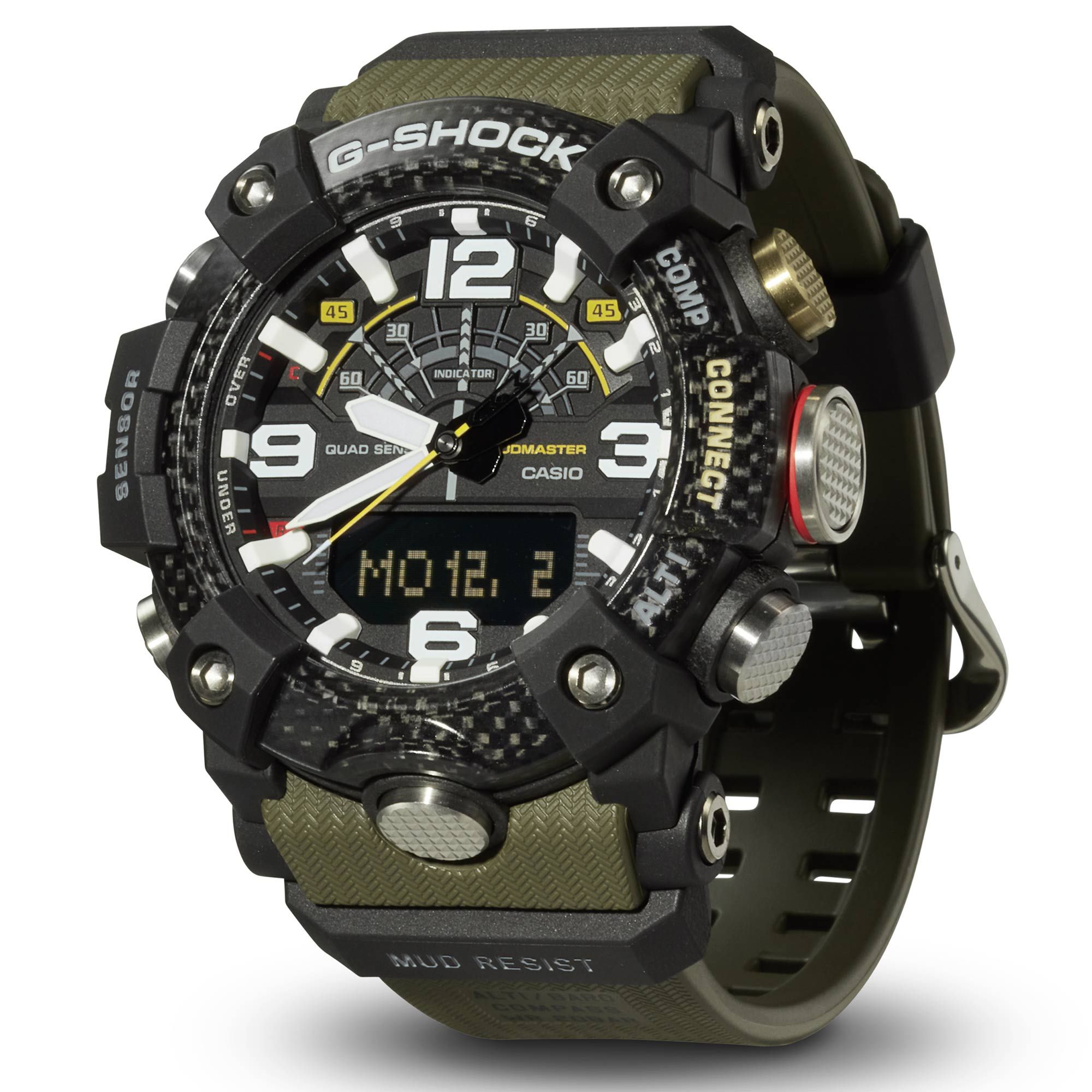 This Casio G-shock-mudmaster Analogue-Digital Watch for Men is the perfect timepiece to wear or to gift. It's Black 50 mm Round case combined with the comfortable Green Plastic watch band will ensure you enjoy this stunning timepiece without any compromise. Operated by a high quality Quartz movement and water resistant to 20 bars, your watch will keep ticking. Stylish- Sporty and a modern design, very suitable for Men -The watch has a calendar function: Day-Date, Bluetooth, Stop Watch, Compass, Altimeter,Thermometer High quality 21 cm length and 24 mm width Green Plastic strap with a Buckle Case diameter: 50 mm,case thickness: 17 mm, case colour: Black and dial colour: Black
