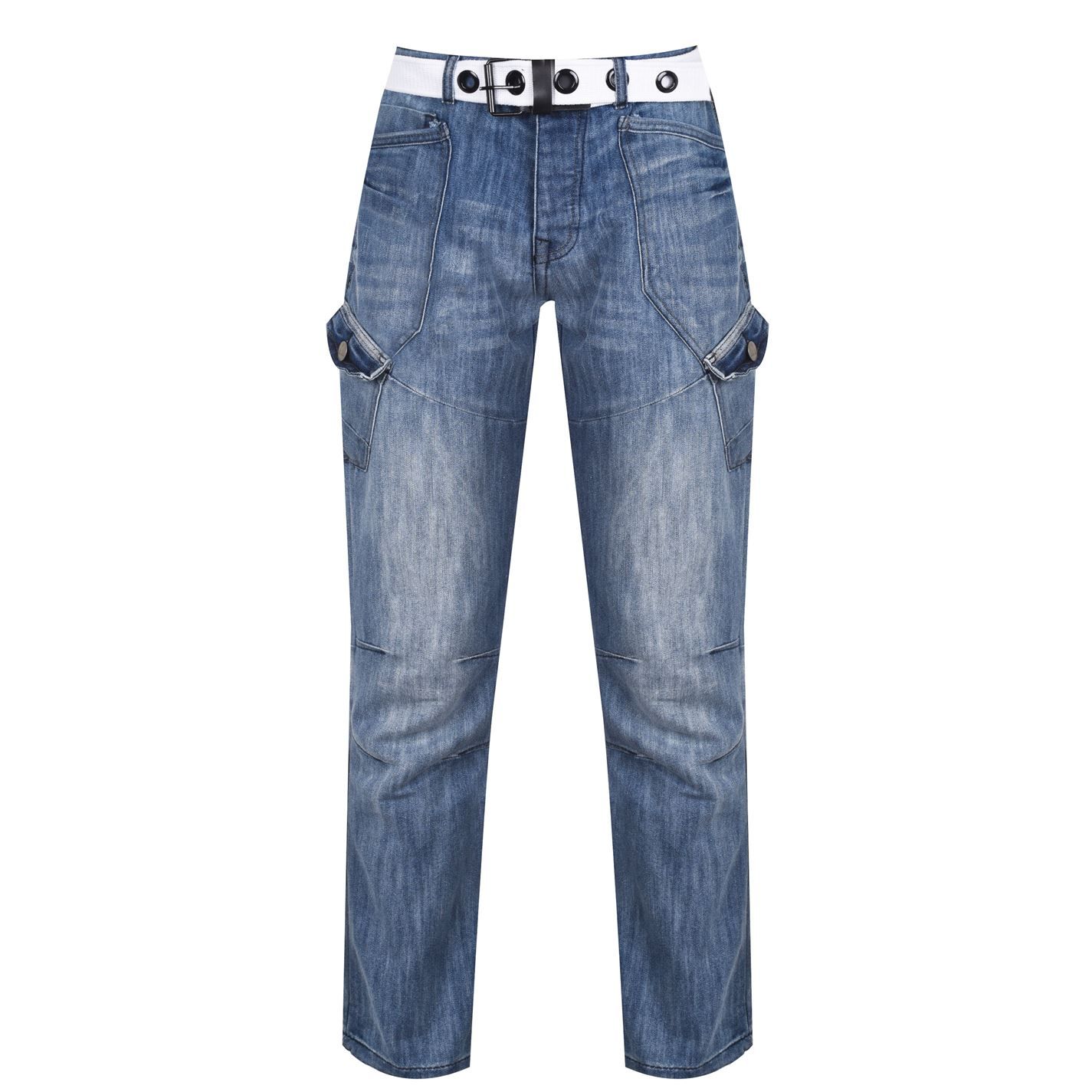 Airwalk Mens Belted Cargo Jeans Straight Fit Belt 6 Pockets Denim ...