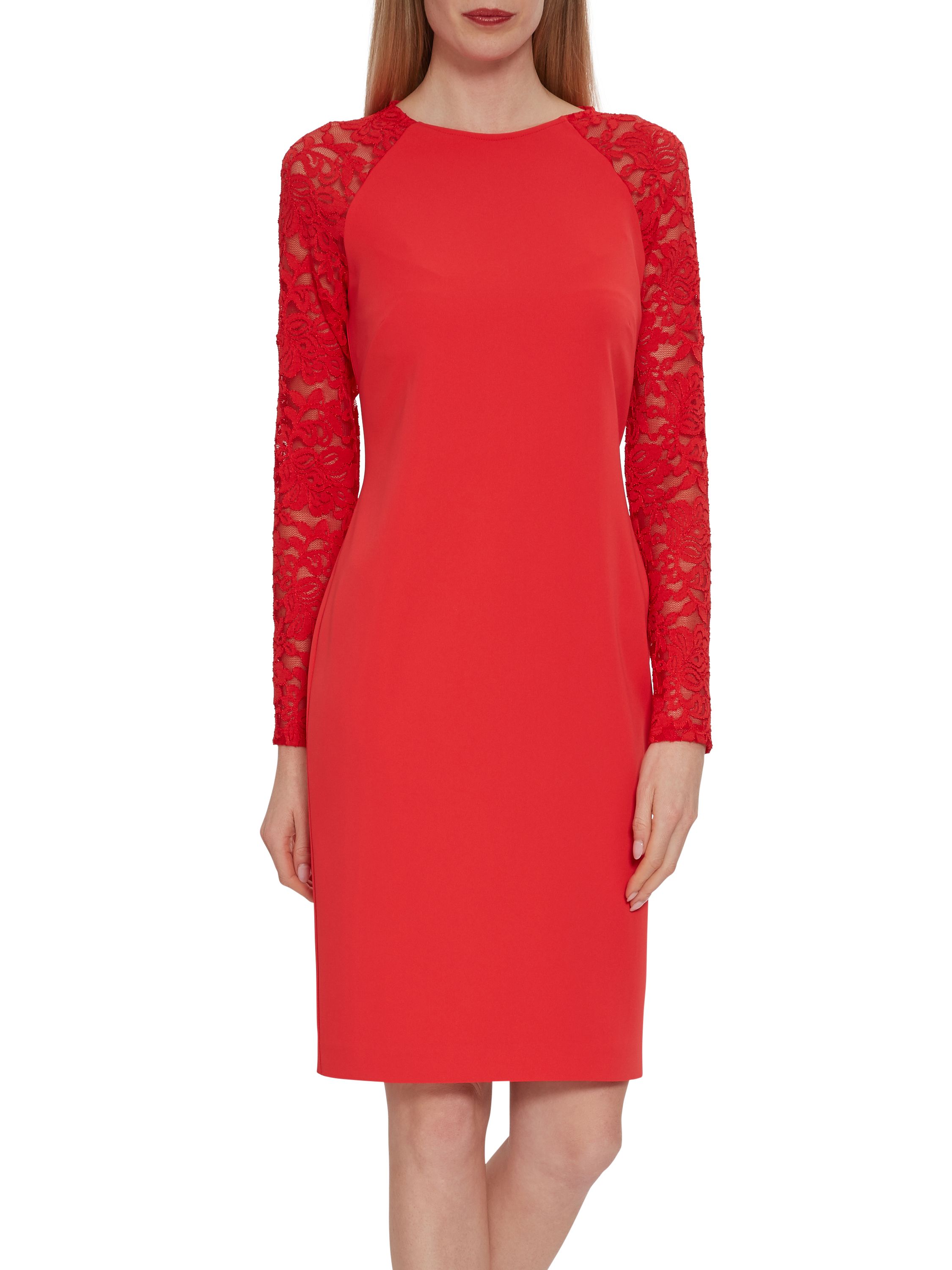 Gina Bacconi presents its stunning crepe and lace dress. This perfect occasionwear piece is comprised of a classic shift dress with sheer dainty floral lace sleeves. This beautiful dress is perfect for a summer party or special occasion. The dress is part