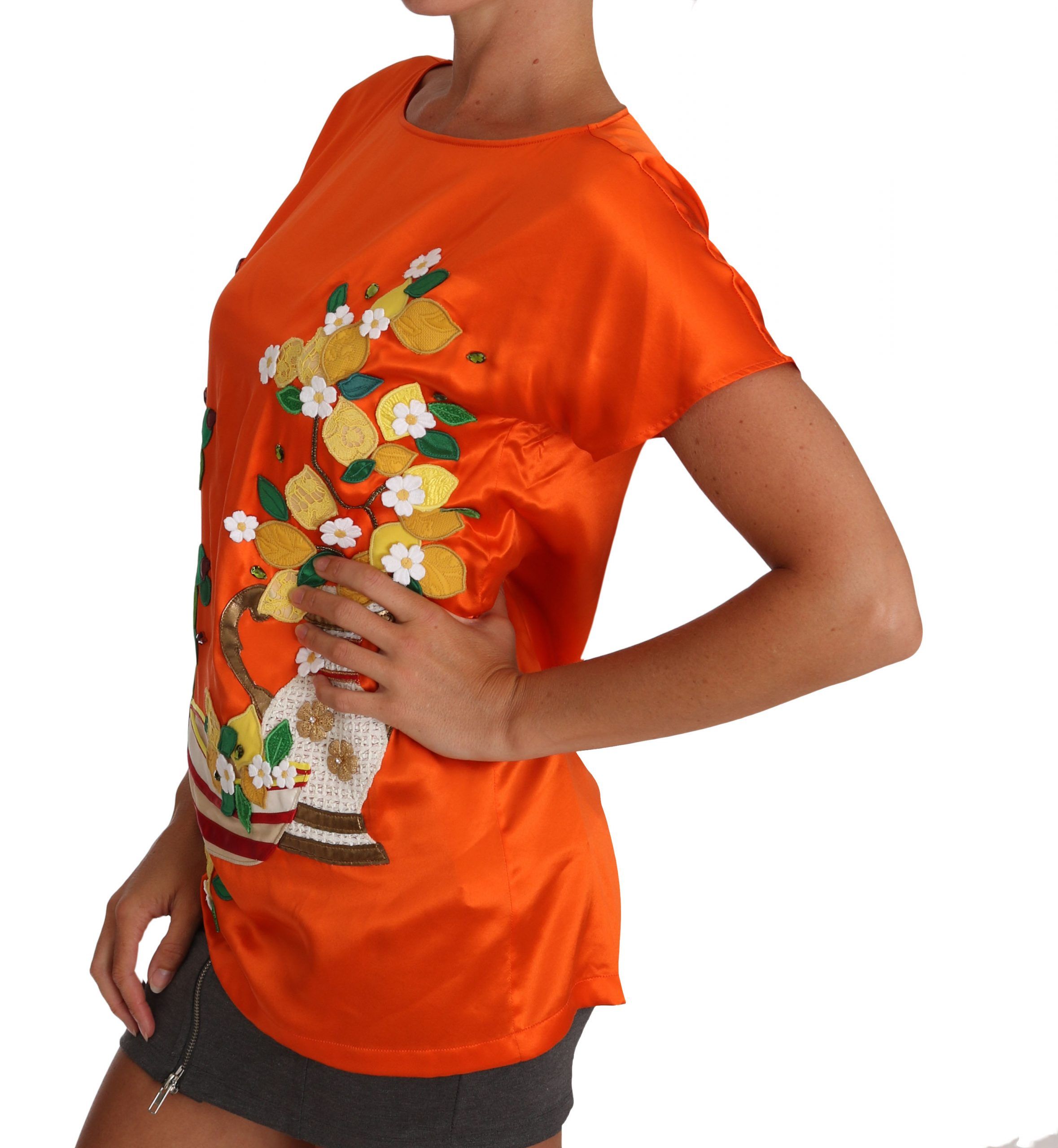 Dolce & Gabbana Women's Silk Orange Lemon Crystal T-shirt Top