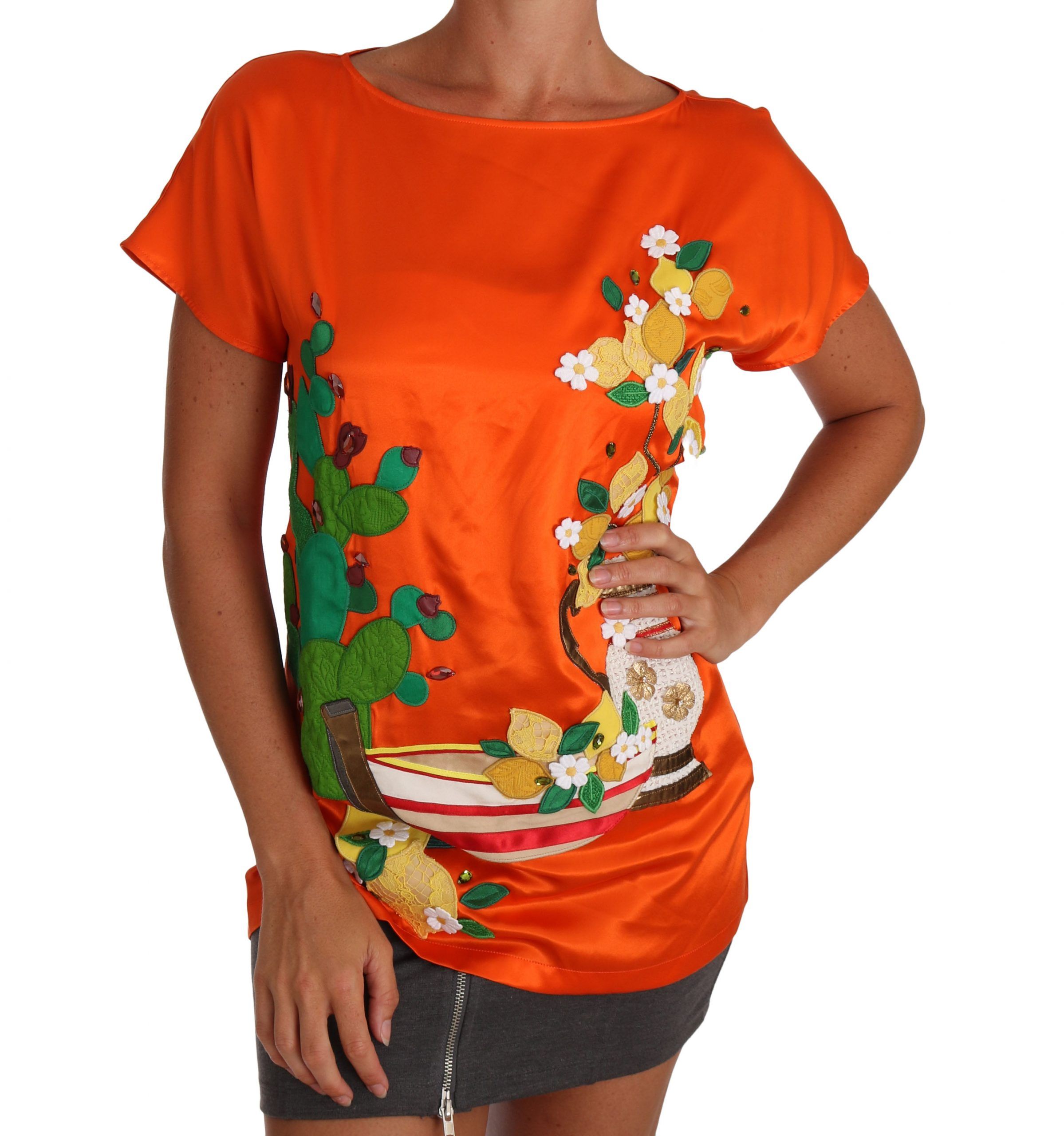 Dolce & Gabbana Women's Silk Orange Lemon Crystal T-shirt Top