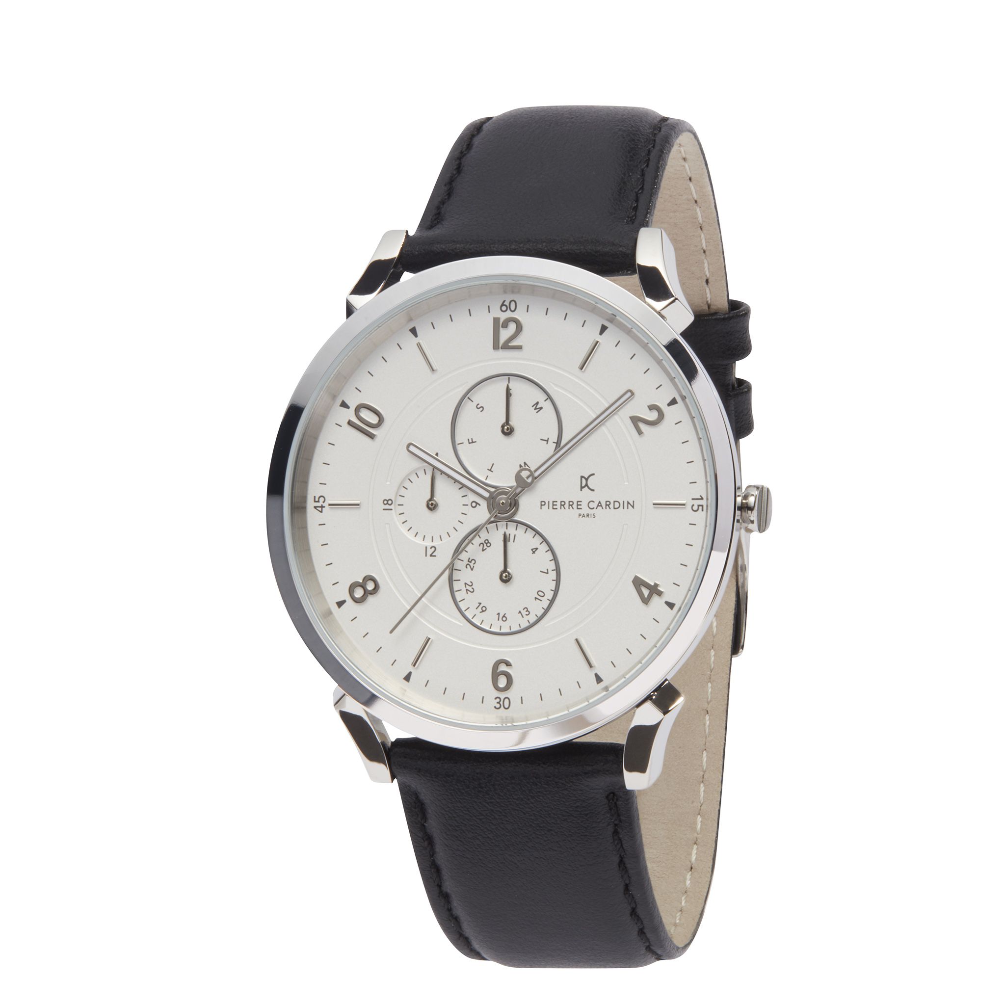 This Pierre Cardin Pigalle Boulevard Multi Dial Watch for Men is the perfect timepiece to wear or to gift. It's Silver 44 mm Round case combined with the comfortable Black Leather watch band will ensure you enjoy this stunning timepiece without any compromise. Operated by a high quality Quartz movement and water resistant to 3 bars, your watch will keep ticking. This sporty and clasical watch is perfect for every occasion! -The watch has a calendar function: Day-Date, Luminous Hands, 24-hour Display High quality 21 cm length and  21 mm width Black Leather strap with a Buckle Case diameter: 44 mm,case thickness: 8 mm, case colour: Silver and dial colour: White