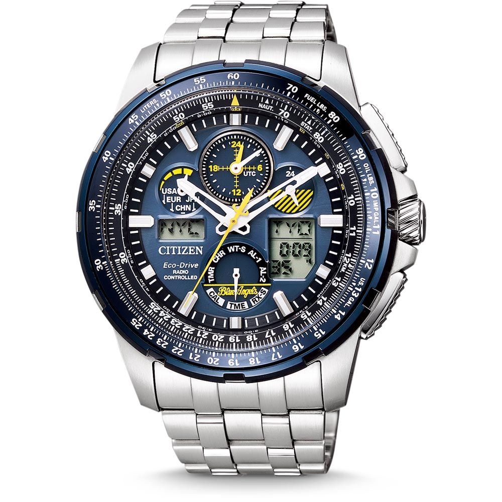 This Citizen Blue Angels Skyhawk Analogue-Digital Watch for Men is the perfect timepiece to wear or to gift. It's Silver 46 mm Round case combined with the comfortable Silver Stainless steel watch band will ensure you enjoy this stunning timepiece without any compromise. Operated by a high quality Eco-Drive movement and water resistant to 20 bars, your watch will keep ticking. This Sporty watch has an Eco-drive technology (Recharged by any light source; never needs a battery) - The watch has a Calendar function: Day-Date, Solar Powered, Radio Controlled,Stop Watch, 24-hour Display, Alarm High quality 21 cm length and 23 mm width Silver Stainless steel strap with a Fold over with push button clasp Case diameter: 46 mm,case thickness: 15 mm, case colour: Silver and dial colour: Blue