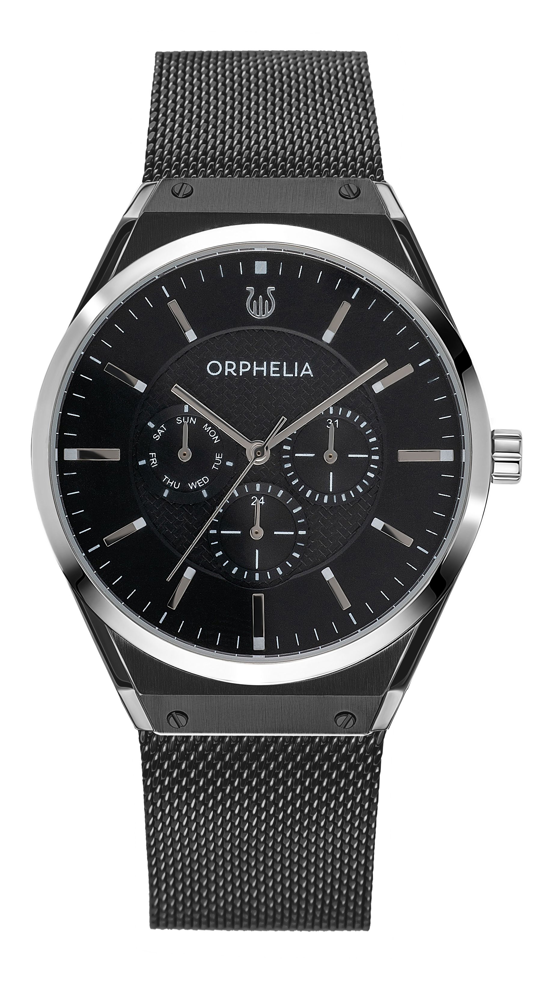 This Orphelia Saffiano Multi Dial Watch for Men is the perfect timepiece to wear or to gift. It's Black 41 mm Round case combined with the comfortable Black Stainless steel watch band will ensure you enjoy this stunning timepiece without any compromise. Operated by a high quality Quartz movement and water resistant to 3 bars, your watch will keep ticking. GREAT DESIGN: ORPHELIA Saffiano Multi dial  watch with a Miyota Quartz movement includes a date display and has a mesh band. This watch features a 24 hour display. Perfect for parties, date nights and wearing in the office. PREMIUM QUALITY: By using high-quality materials  Glass: Mineral Glass  Case material: Stainless steel  Bracelet material: Stainless steel- Water resistant: 3 bars COMPACT SIZE: Case diameter: 41 mm  Height: 9 mm  Strap- Length: 22 cm  Width: 20 mm. Due to this practical handy size  the watch is absolutely for everyday use-Weight: 92 g