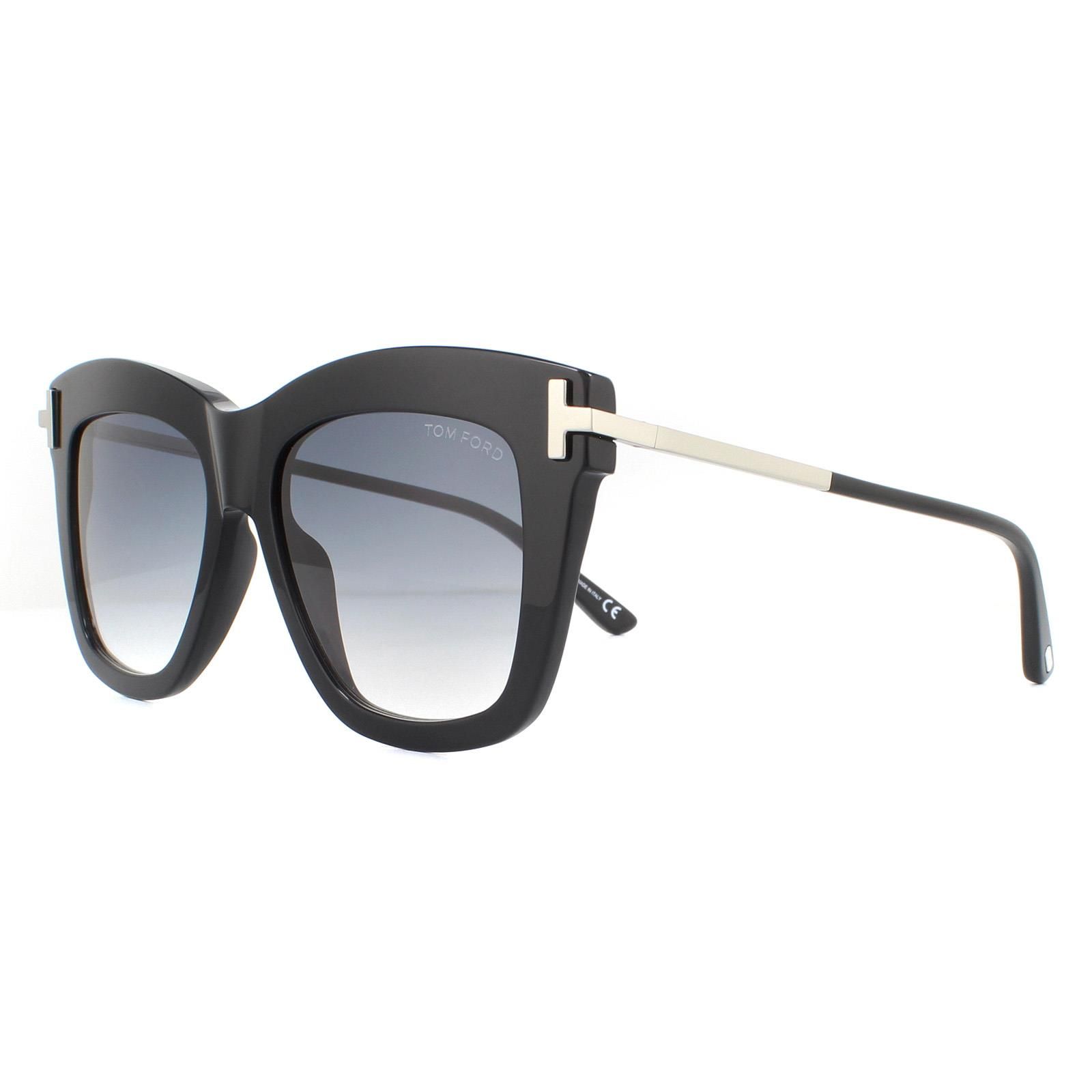 Tom Ford Sunglasses Dasha FT0822 01B Shiny Black Smoke Gradient are soft squared acetate style sunglasses characterised by the large T temple decoration.