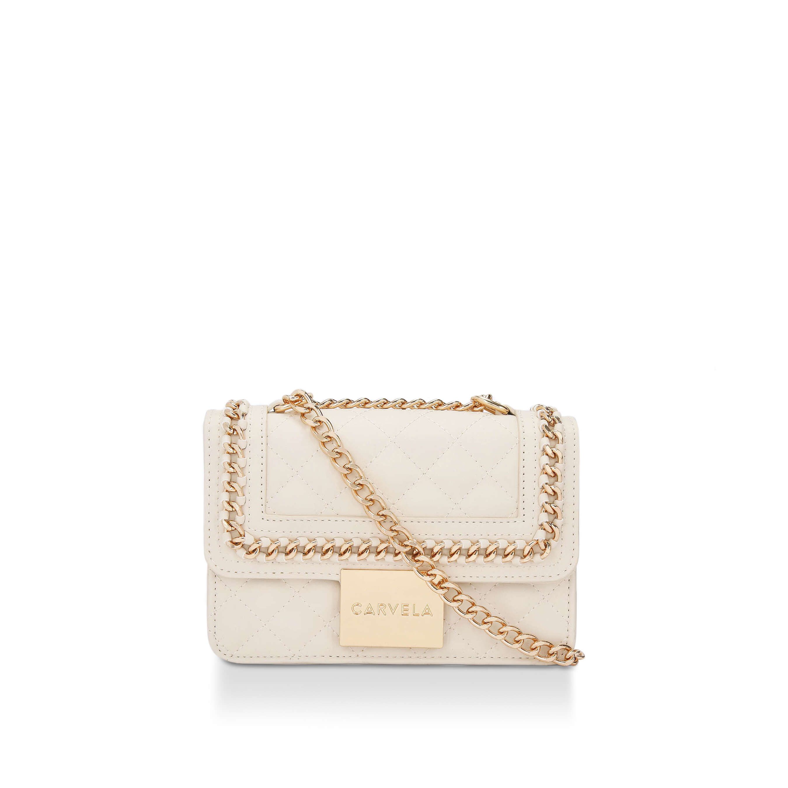 The Mini Bailey Cross Body is crafted in a bone leather alternative with overstitch quilted flap detail. There is a gold tone chain trim as well as gold tone branded plate closure. Dimensions: 13cm (H), 21cm (L), 7cm (D). Strap length: 116cm Strap drop: 59cm.