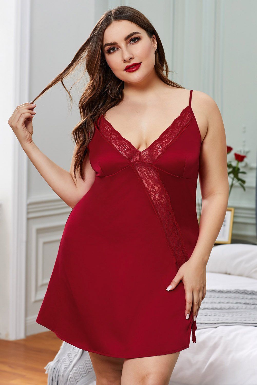 - Charmeuse fabric made which is sleek and soft, very cozy to wear
- Adjustable spaghetti straps, seductive v neck, and oblique lace insert with slits
- Different colors available and plus size for full-figured ladies
- One of our sexiest design for those romantic moments
- Wear sexy lingerie is a good way to spice up
Size Chart (CM).
Sizes.	Bust.	Length.	Trousers Waist.
	Stretched.	Stretched.	Stretched.
0X.	97.	77.	80.
1X.	104.	79.	87.
2X.	111.	81.	94.
3X.	118.	83.	101.
4X.	125.	85.	108.
5X.	132.	87.	115.
Elasticity.	None.
. . . Note:
1.There maybe 1 -2 cm. deviation in different sizes, locations and stretch of fabrics. Size chart is for reference only, there may be a little difference with what you get.
2.There are 3 kinds of elasticity: High Elasticity (two-sided stretched), Medium Elasticity (one-sided stretched) and Nonelastic (can not stretched).
3.Color may be lighter or darker due to the different PC display.
4.Wash it by hand in 30-degree water, hang to dry in shade, prohibit bleaching.
5.There maybe a slightly difference on detail and pattern.