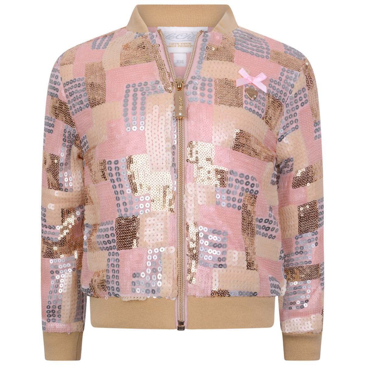 Le Chic pastel gold and pink sequin bomber jacket for girls. This gorgeous Summer bomber jacket has a ribbed collar, fitted ribbed cuffs and ribbed hems. The central zip is golden and goes perfectly with the Le Chic Gold and Pink Sequin Skirt.