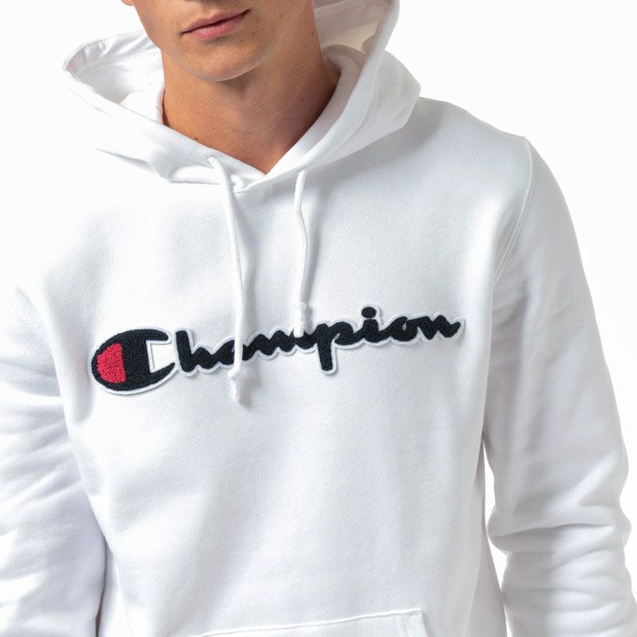 Mens Champion Large Logo Hoody in white.<BR><BR>- Lined hood with adjustable drawcord.<BR>- Long sleeves.<BR>- Cotton terry script logo to chest.<BR>- Signature C logo embroidered above left cuff.<BR>- Kangaroo pocket to front.<BR>- Ribbed cuffs and hem.<BR>- Tonal back neck tape.<BR>- Comfort fit.<BR>- 100% Cotton.  Machine washable.<BR>- Ref: 213498 WW001