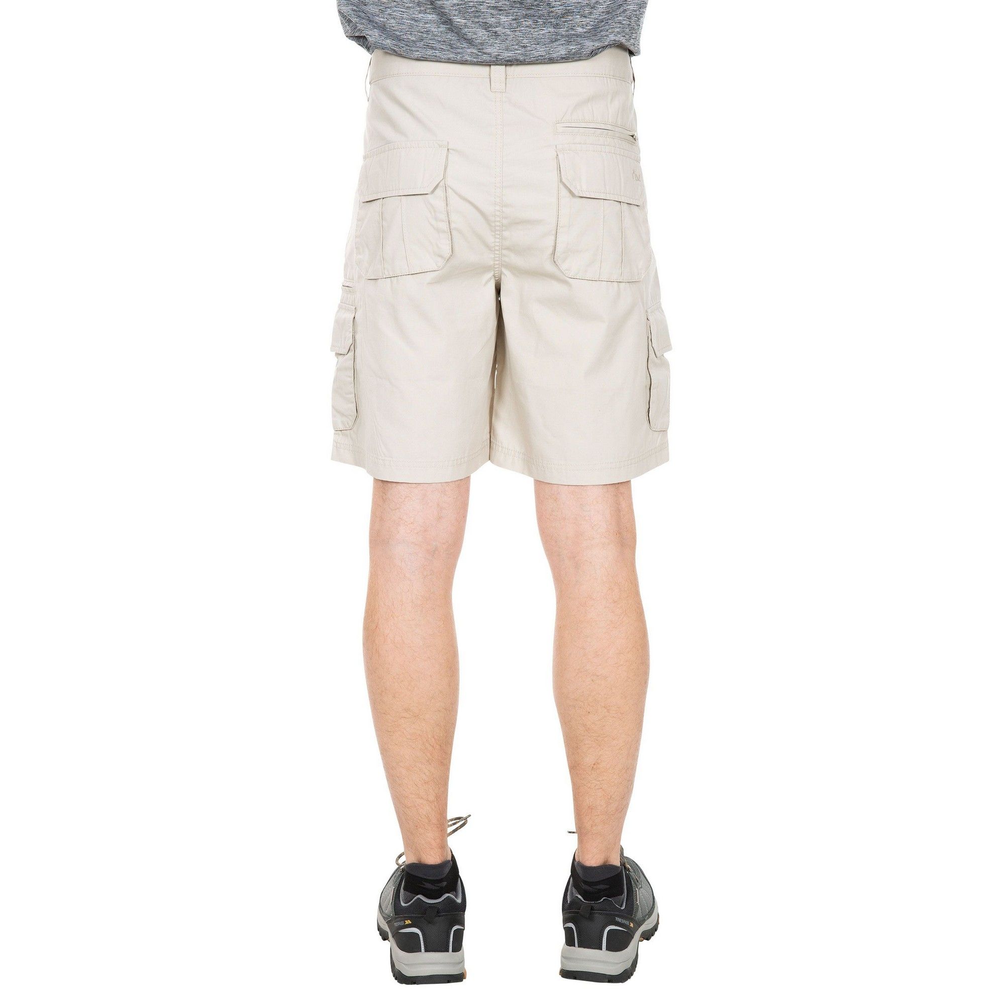 Mens hiking shorts. Water repellent finish. UPF40+ protective fabric. Moisture wicking and quick drying. 2 zipped pockets, 1 concealed zipped pocket, 2 side pockets and 4 bellow patch pockets. Elasticated back panel with side adjusters. 65% Polyester, 35% Cotton.