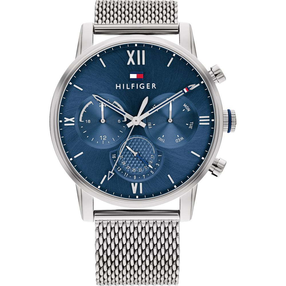 This Tommy Hilfiger Sullivan Multi Dial Watch for Men is the perfect timepiece to wear or to gift. It's Silver 44 mm Round case combined with the comfortable Silver Stainless steel watch band will ensure you enjoy this stunning timepiece without any compromise. Operated by a high quality Quartz movement and water resistant to 5 bars, your watch will keep ticking. The classic colours will go great with any outfit . It enables you to easily spice up a normal outfit and add style to your life. -The watch has a calendar function: Day-Date, 24-hour Display High quality 21 cm length and 22 mm width Silver Stainless steel strap with a Fold over clasp Case diameter: 44 mm,case thickness: 11 mm, case colour: Silver and dial colour: Blue