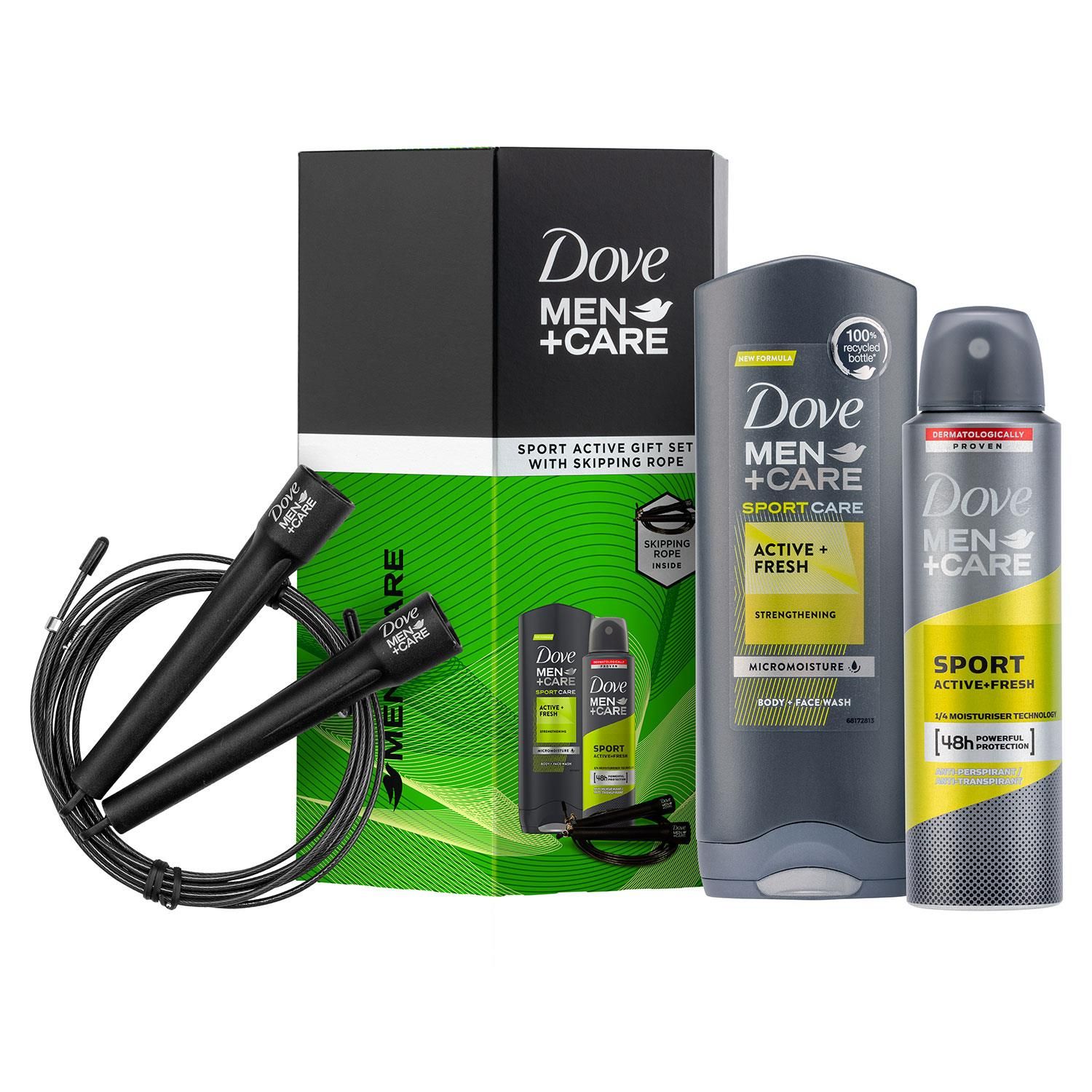 Give him the gift of care with this daily care trio gift set this Christmas. The products are designed specifically for men’s skin after sports. It’s the perfect gift to leave him feeling clean and refreshed. Dove Men + Care celebrates a new definition of strength: one with care at its centre. This gift set was designed with three Dove Men+Care products with Skipping rope to keep his skin feeling fresh and hydrated all day long. Working out is good for your mind and body. 

The best men’s body washes not only leaves you feeling refreshed, but also gives you total skin hydration. All Dove Men+Care Body Wash 250ml for men contain Micromoisture which activates on the skin and helps fight the drying out of the skin after showering. Powering out really during sports is good for the body and mind. But did you know that sports can also irritate your skin  Sweat, the friction generated by movements, frequent showering and even drying with the towel stress your skin and can lead to dry skin feeling, irritation and irritation. The Dove Men+Care Deodorant Spray 150 ml Sport Active Fresh + Antiperspirant is specially developed for the care of men's skin - even after sports.

Features:
For freshness before and after sport
Contains ¼ care cream to protect against skin irritations
Sport deodorant spray for men
Effective against sweat, gentle on the skin

Safety Warning:
Body Spray: Stop use if rash or irritation occurs. Avoid direct inhalation. Use in short bursts in well-ventilated places, avoid prolonged spraying. Do not spray near your eyes. Use only as directed. 
Body Wash: Use only as directed. Avoid contact with eyes. If eye contact occurs wash out immediately with warm water. If irritation occurs discontinue use.

Gift Set Includes:
1x Dove M+C Sports Active Body Wash 250ml
1x Dove M+C Sports Active Antiperspirant 150ml with Skipping Rope