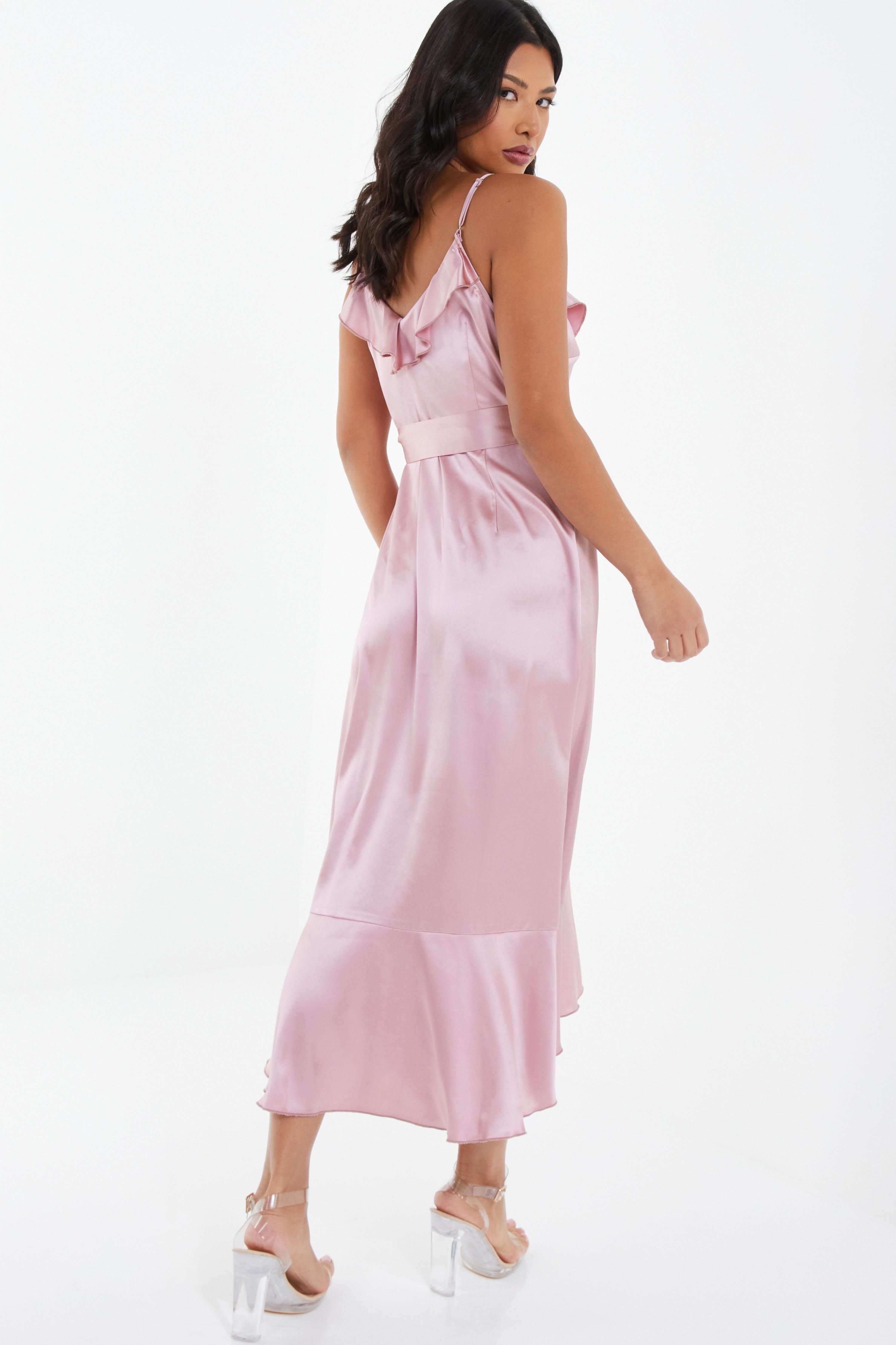 Pink Satin Wrap Frill Midi Dress