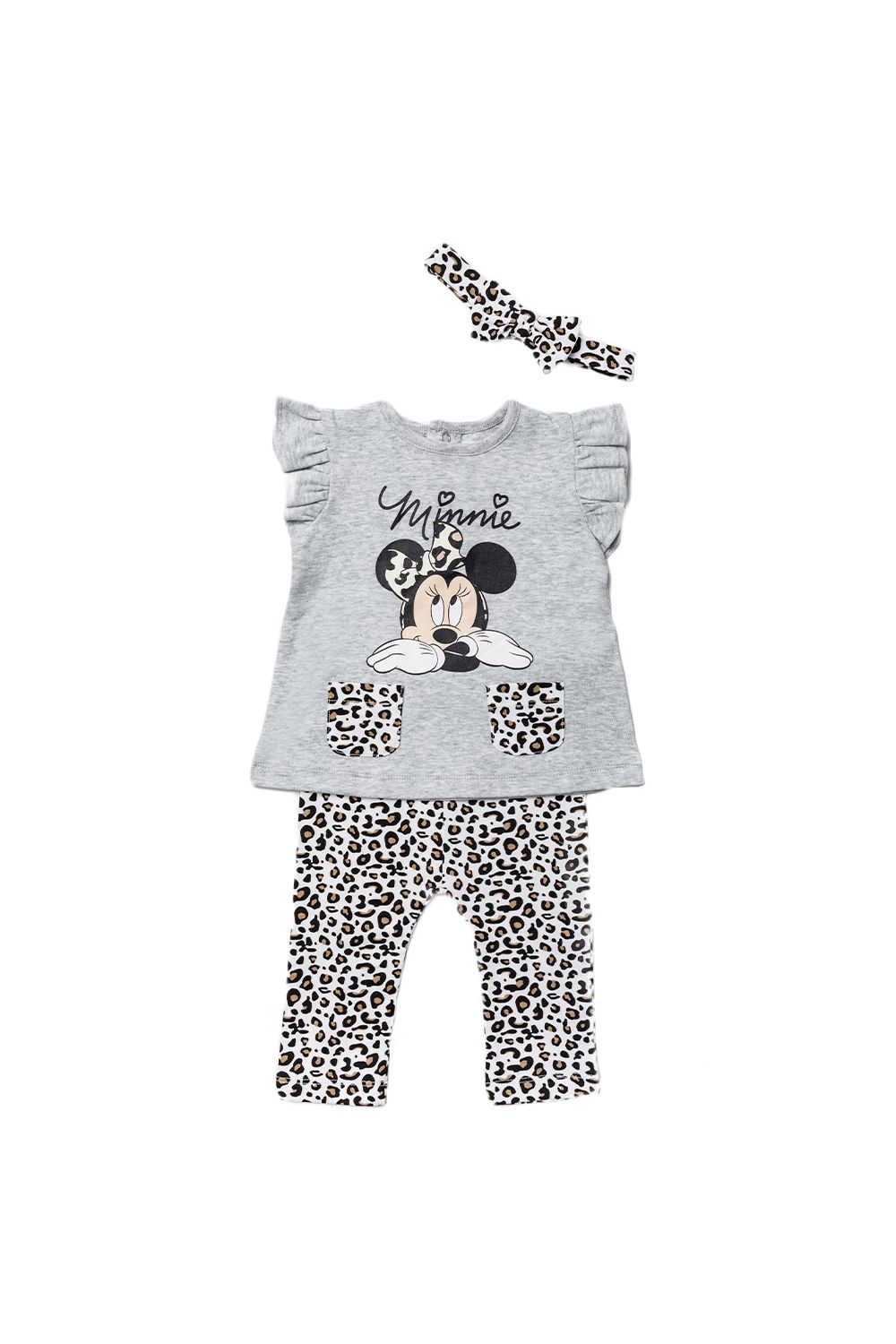 This adorable Disney Baby three-piece set features Minnie Mouse print with leopard print details. The set includes a t-shirt with frilled sleeves & pockets, printed leggings, and a matching headband! Each item in the set is cotton and the top has popper fastenings, keeping your little one comfortable. This set would make a lovely gift, or a new addition to your little ones wardrobe!