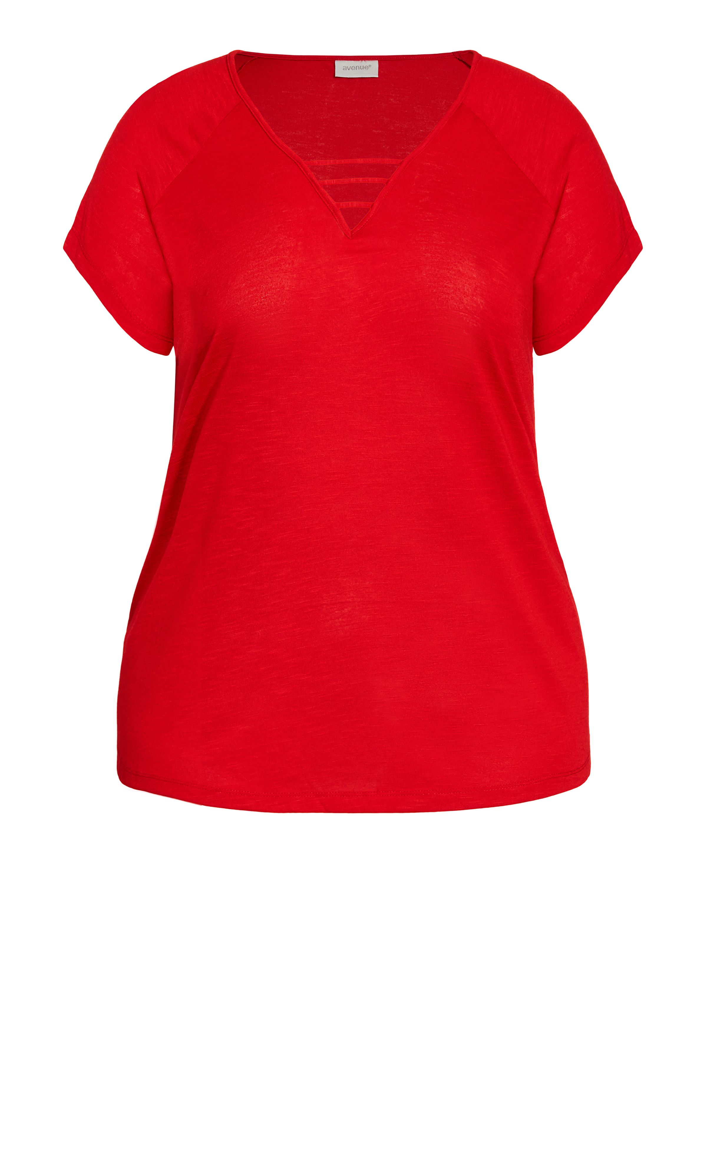A bold take on a classic shape, the red 3 Bar V Neck Top is sure to make waves. The comfortable fabrication and easy everyday shape have an extra level of glamour from the feature neckline. Bright and exciting, you'll be glowing in this gorgeous top. Key Features Include: - V-neckline with strap detailing - Short sleeves - Pull-over fit - Stretch fabrication - Relaxed silhouette - Straight hemline at hips A pair of cuffed denim shorts are the perfect match for this top.