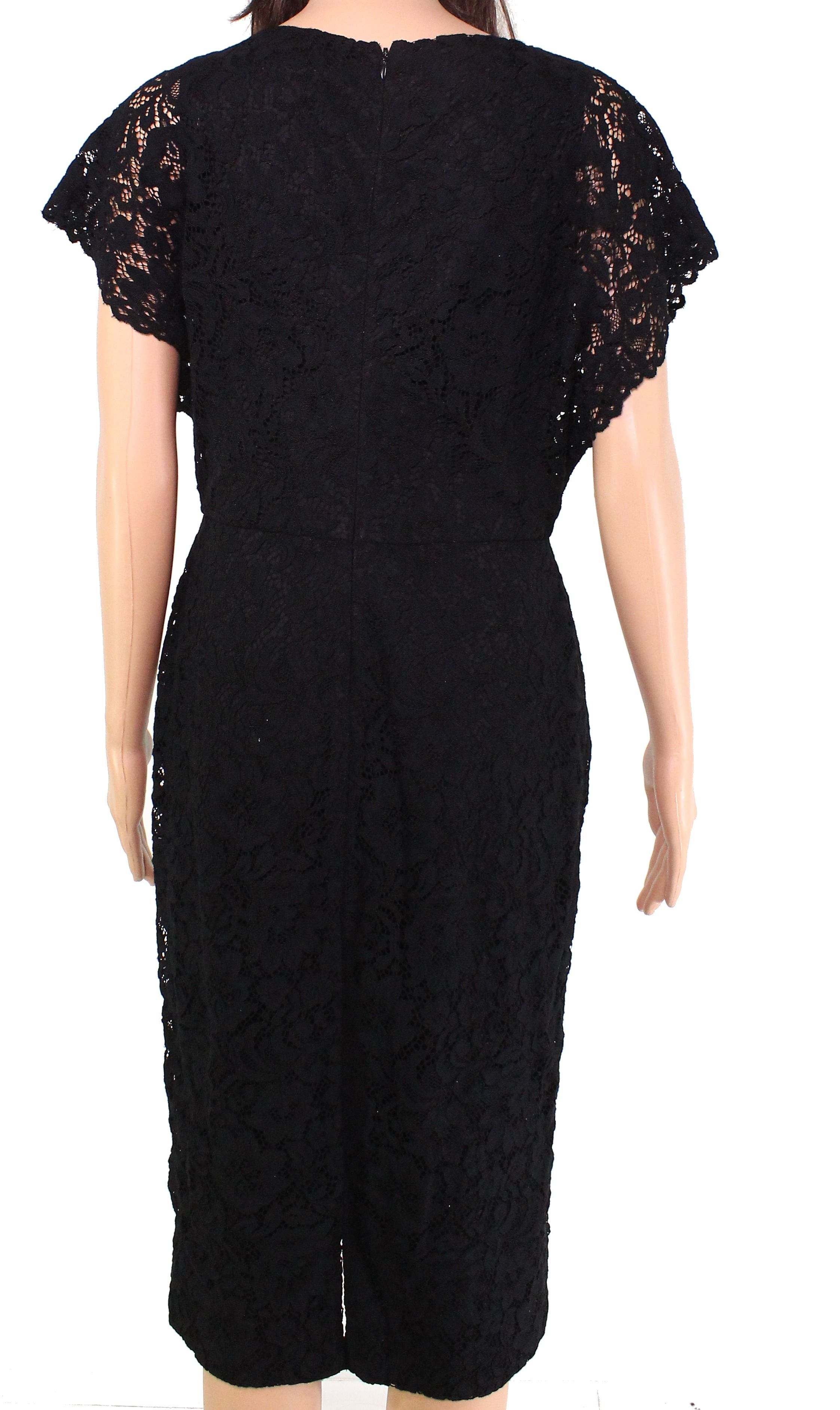 <br>Color: Blacks<br>Size Type: Regular<br>Size (Women's): 8<br>Lined: Yes<br>Sleeve Style: Cap Sleeve<br>Occasion: Party/Cocktail<br>Style: Sheath Dress<br>Look: Wedding Guest<br>Dress Length: Midi<br>Material: Rayon<br>Zipper: Back Zipper