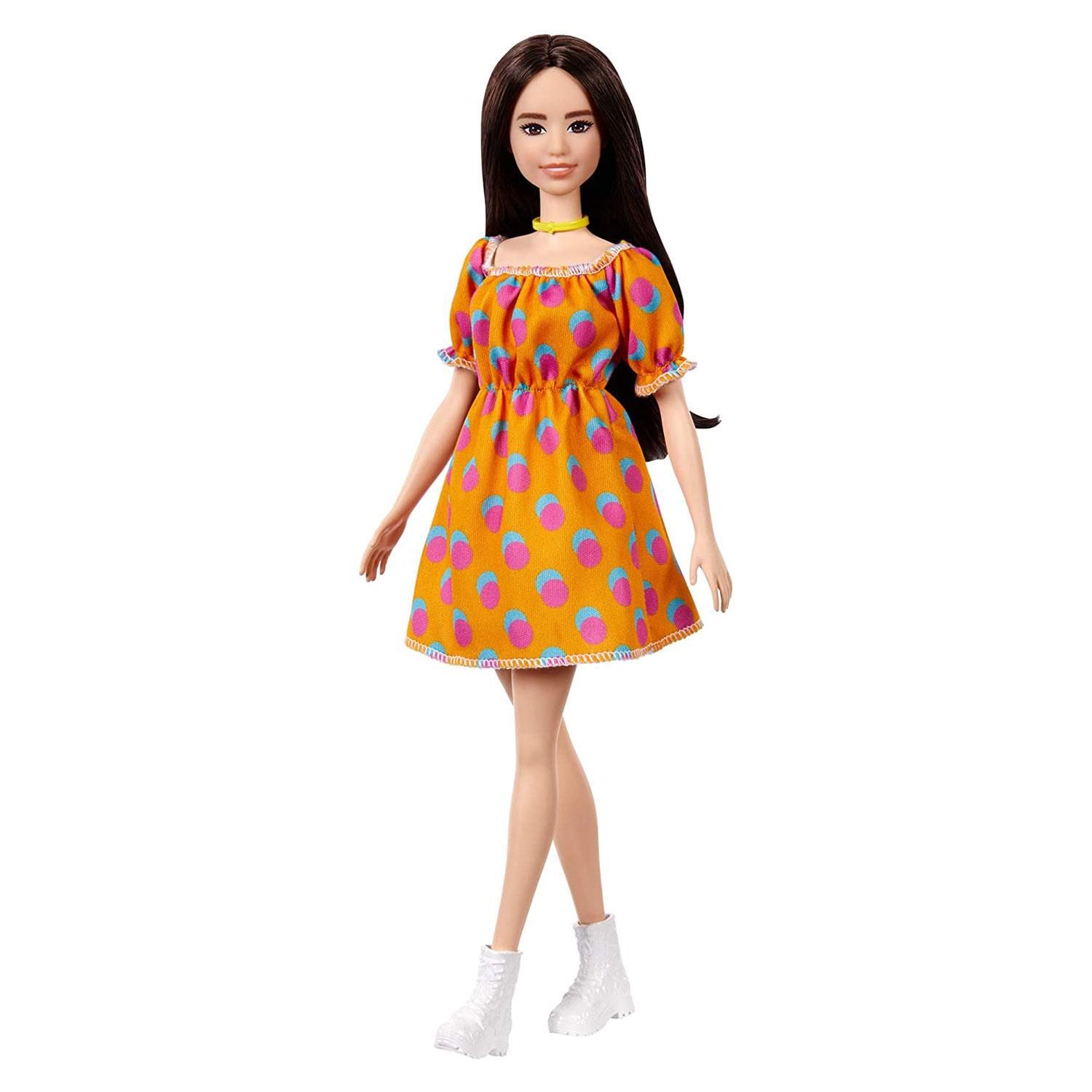 Barbie Fashionista Doll with Orange Fruit Dress, Great Toy For 3 Years Old & Up

Barbie and Ken Fashionistas celebrate diversity with fashion dolls that encourage real-world storytelling and open-ended dreams! With a wide variety of skin tones, eye colours, hair colours and textures, body types and fashions, the dolls are designed to reflect the world kids see today - and their attention-grabbing outfits help them stand out with personalities that pop! Use the reusable vinyl package to fill, carry and customize - store Barbie fashions and accessories, carry a doll anywhere or decorate and use it as a cross-body purse! Kids can collect Barbie dolls and accessories for infinite ways to play out stories, express their own style and discover that fashion is fun for everyone! Includes Barbie Fashionistas doll wearing fashions and accessories. 

Features:

The latest line of BarbieFashionistas dolls includes different body types and a mix of skin tones, eye colours, hair colours, hairstyles and so many fashions inspired by the latest trends!​
Barbiedoll is the Original body type and wears an orange dress with a colourful pattern.​

White shoes and a yellow choker necklace complete the outfit with cool touches, and her long brunette hair is styled with a slight wave for a trendy look. ​

Designed with a zipper, the reusable vinyl bag can be used to store the doll or other Barbiefashions and accessories, and kids can customize it with their own art supplies, like stickers. There are endless ways to play --fill it, carry it and customize it!

Specifications:

Toy Type: Doll
Material: Abs Plastic
Colour: Orange
Age Range: 3 Years & up

Package Includes: Barbie Fashionista Doll, Orange Fruit Dress
