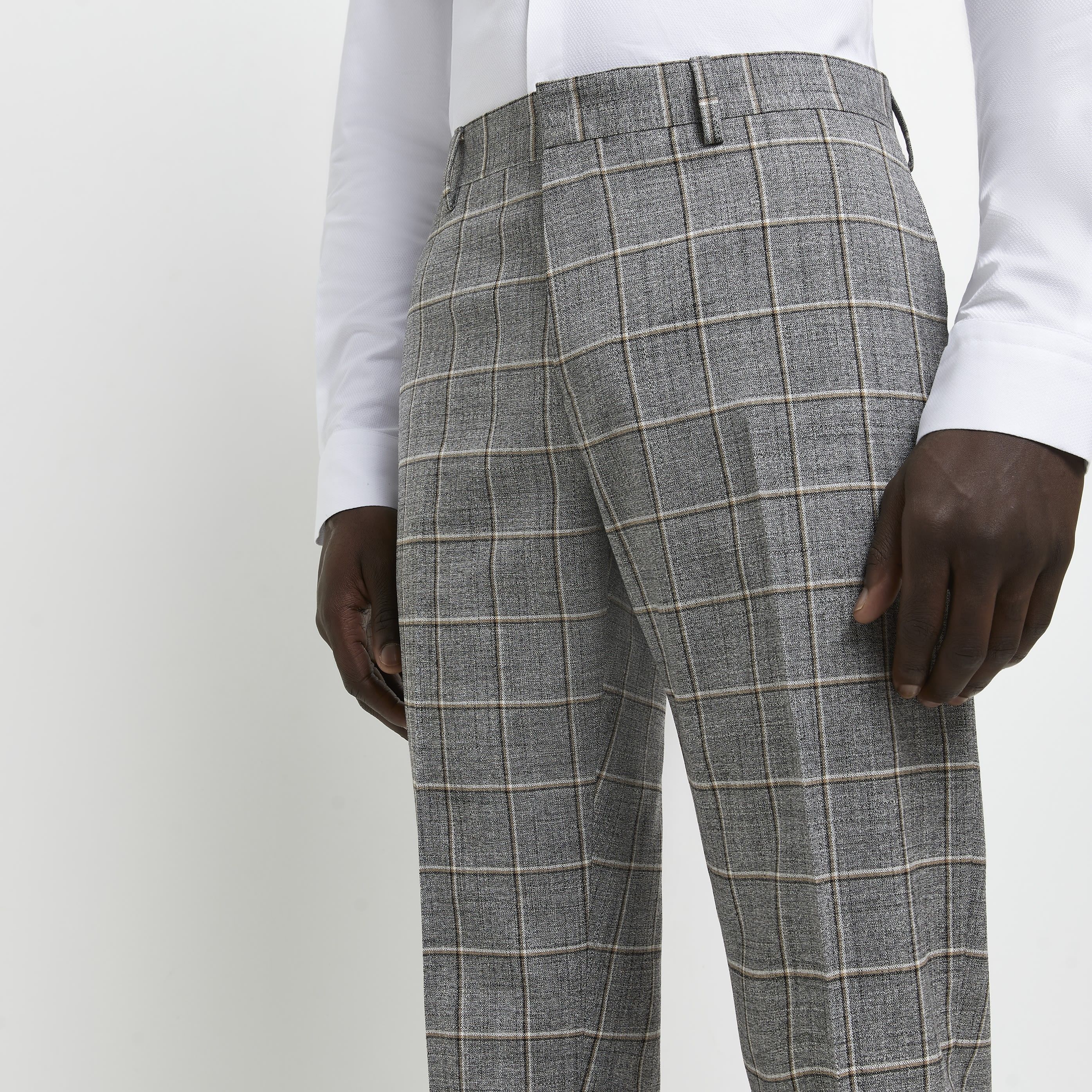 River Island Mens Suit Trousers Grey Camel Grid Check Slim