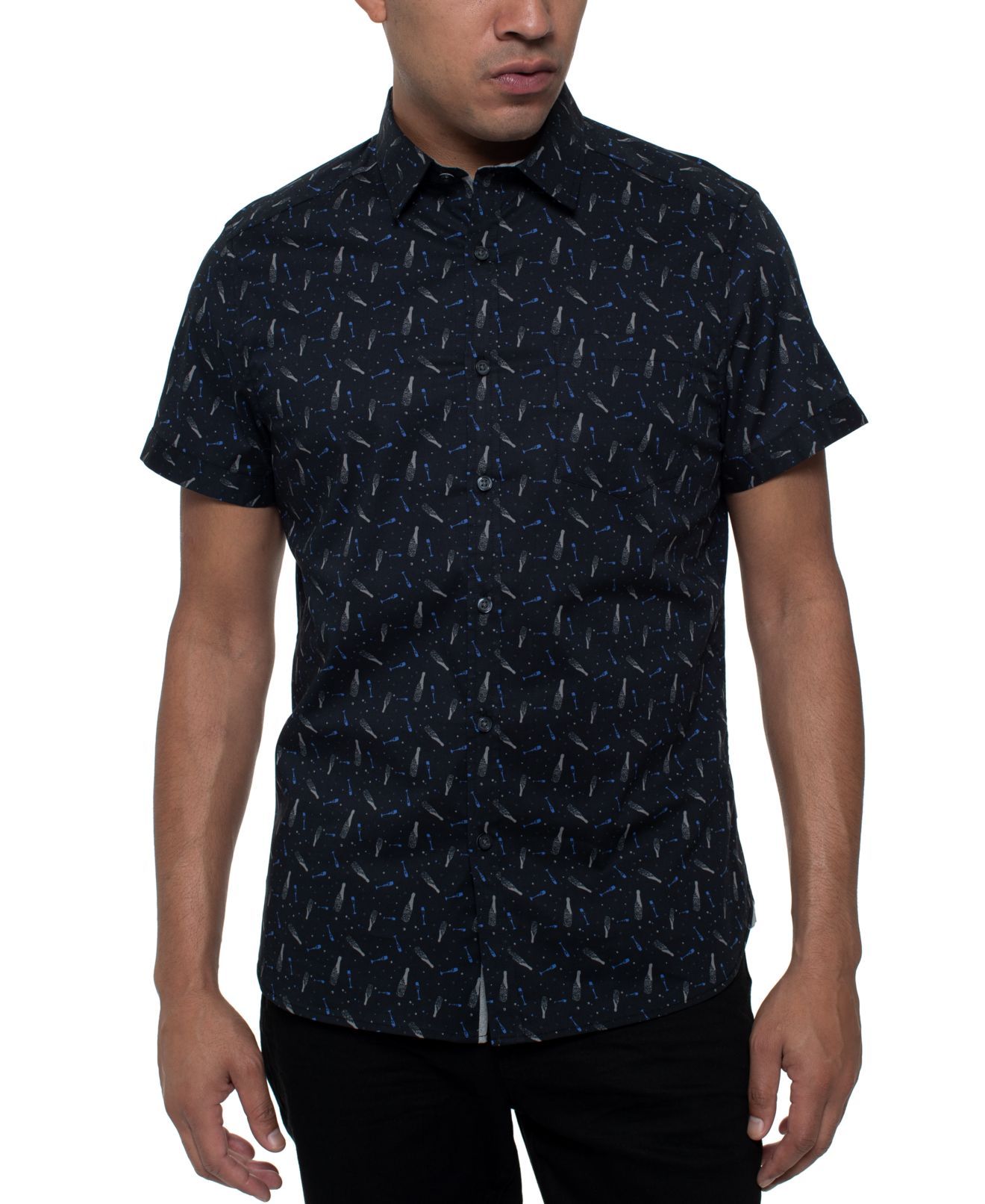 <br>Color: Blues<br>Size Type: Regular<br>Size (Men's): M<br>Sleeve Length: Short Sleeve<br>Style: Button-Front<br>Fit: Regular<br>Material: Cotton Blends