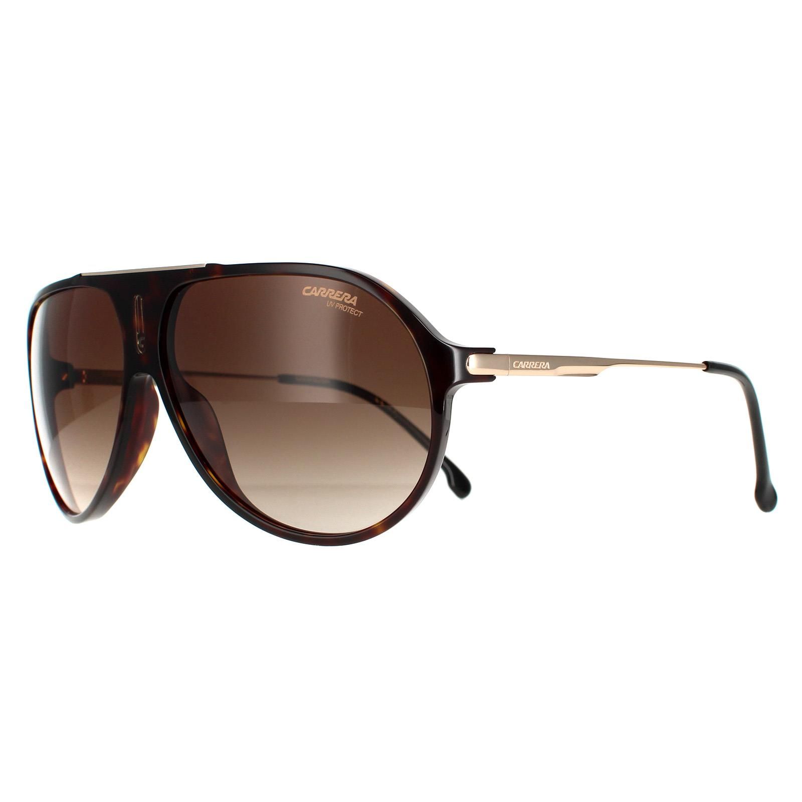 Carrera Aviator Mens Dark Havana Brown Gradient Hot65  Carrera are a reinterpretation of one of Carrera's bestselling designs and has been specifically created to celebrate Carrera's 65th anniversary. The full rim design has large teardrop shaped lenses and a lightweight plastic frame front featuring the Carrera C on the bridge. Finished with a sleek metal trim and temples with the Carrera text logo engraved.