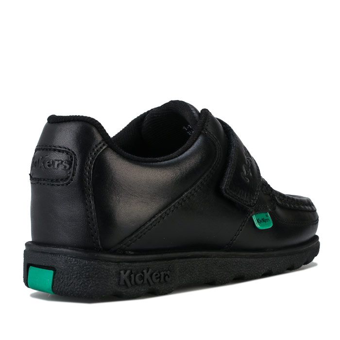 Children Boys Kickers Fragma Lo Strap Leather Shoes in Black <BR>- Hook and loop strap fastening <BR>- Padded collar <BR>- Iconic red and green branded tabs to sides <BR>- Smooth leather upper <BR>- Embossed branding <BR>- Leather Upper  Textile Lining  Synthetic Upper <BR>- Ref: 114862