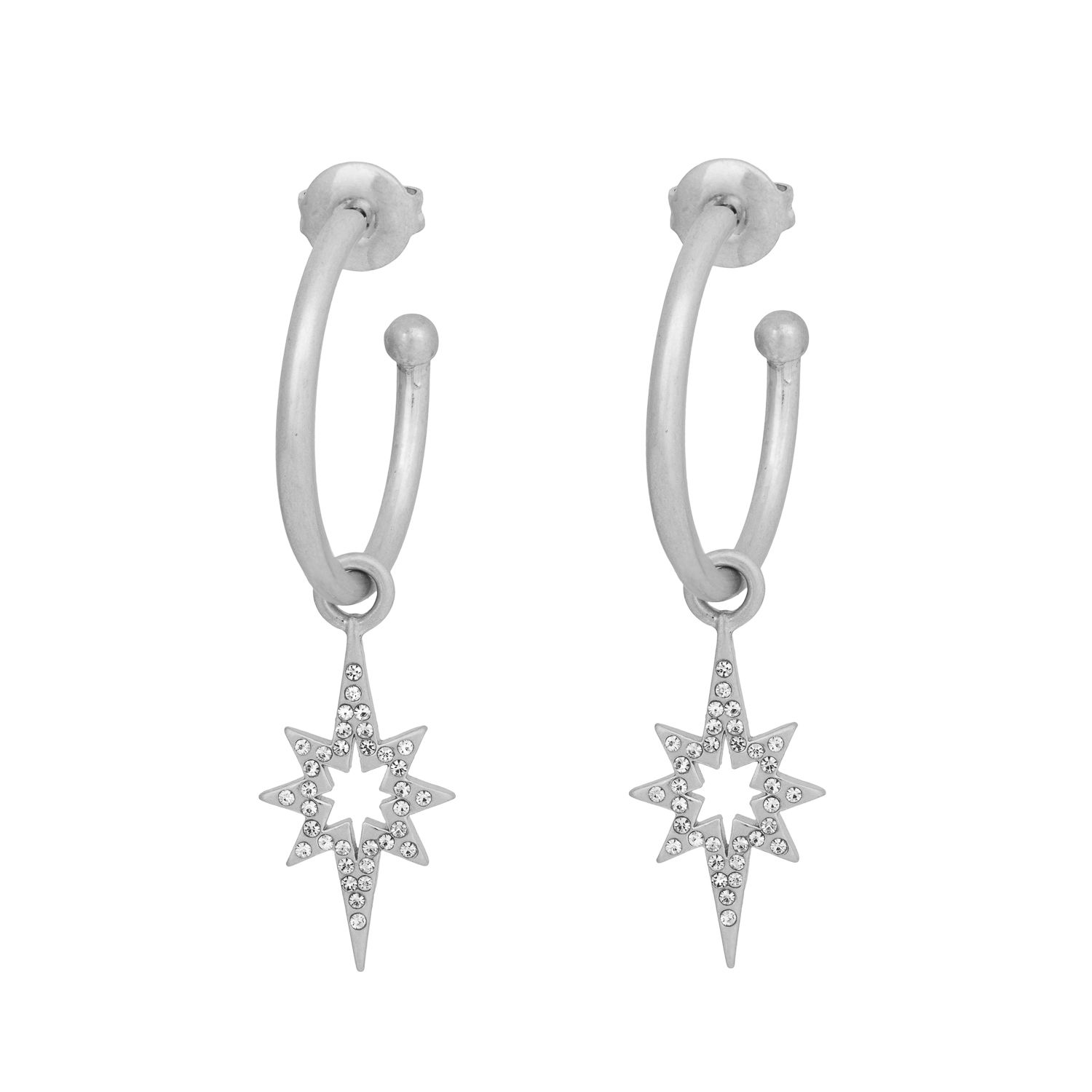 Our new Kate Thornton silver plated 'Celeste' star drop earrings will really make a style statement this season. A striking piece of jewellery which makes the perfect accompaniment to any outfit.  Delicate, eye catching and with a contemporary edge these drop earrings will look great when worn alone or paired with other styles for a really on trend look. The silver tone earrings feature an 18mm hoop and delicate 27mm pave star charm. Presented in a KTx jewellery pouch to keep your jewellery safe or ideal for gifting!