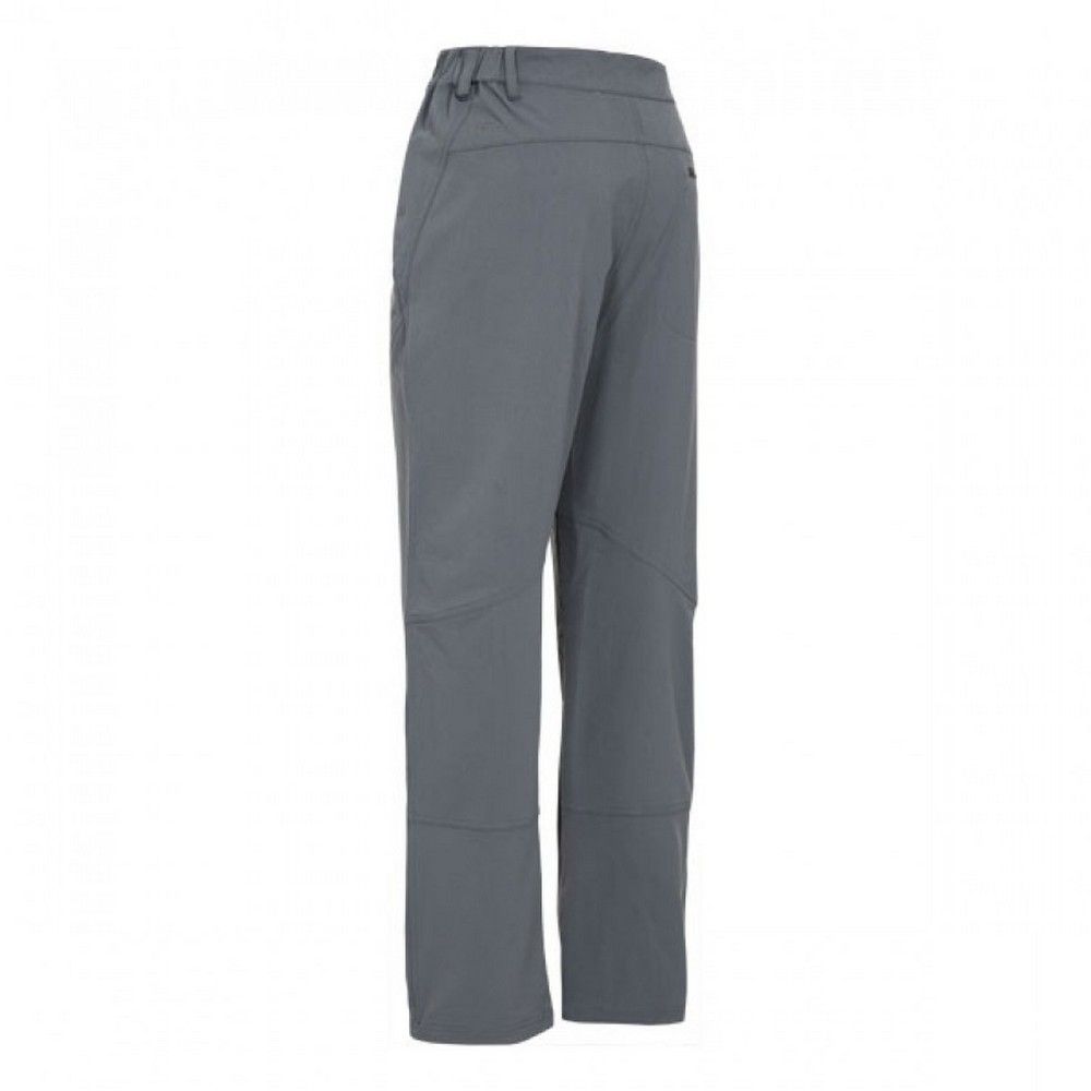Outdoor trousers with 4 way stretch fabric with peached backing. Adjustable side waist elastic. 4 laser-cut bonded zip pockets. Concealed waist slider. Articulated knee darts. Anchored hem adjusters. Water repellent DWR. DLX stretch. Quick dry. 77% polyamide, 16% polyester, 7% elastane. Trespass Mens Waist Sizing (approx): S - 32in/81cm, M - 34in/86cm, L - 36in/91.5cm, XL - 38in/96.5cm, XXL - 40in/101.5cm, 3XL - 42in/106.5cm.