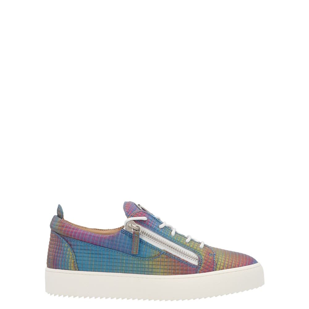 'May london' iridescent-effect leather sneaker with plastic zip and rubber sole.