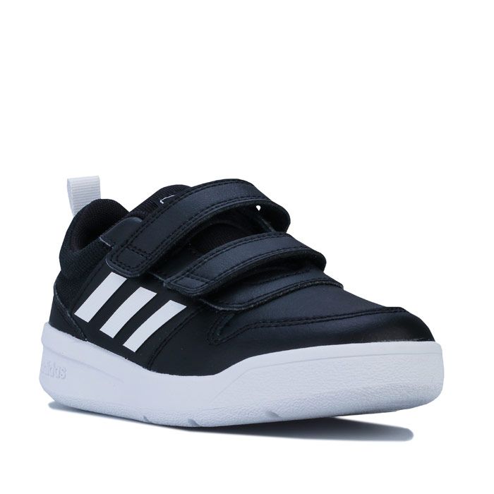 Children Boys adidas Tensaurus Trainers in core black.<BR><BR>- Coated leather and mesh upper.<BR>- Double hook and loop closure and webbing heel pull for easy on-off.<BR>- Padded collar and tongue.<BR>- Printed 3-Stripes to sides.<BR>- Embossed adidas branding at side heel.<BR>- Comfortable textile lining. <BR>- Removable cushioned sockliner.<BR>- Non-marking rubber outsole.<BR>- Leather  synthetic and textile upper  Textile lining  Synthetic sole.<BR>- Ref: EF1092