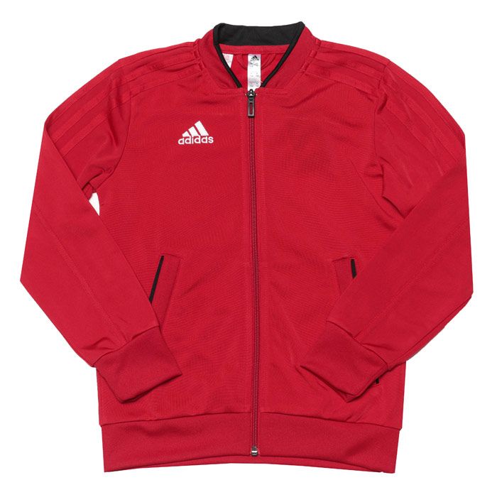 Junior Boys adidas Condivo 18 Presentation Jacket  Red. <BR><BR>- Climalite wicks sweat to keep you dry in every condition. <BR>- Front zip pockets. <BR>- Full zip with ribbed collar. <BR>- Ribbed cuffs and hem. <BR>- adidas Badge of Sport on chest. <BR>- Slim fit is snug through the body and arms. <BR>- 100% polyester. Machine washable.<BR>- Ref: CF4337J.