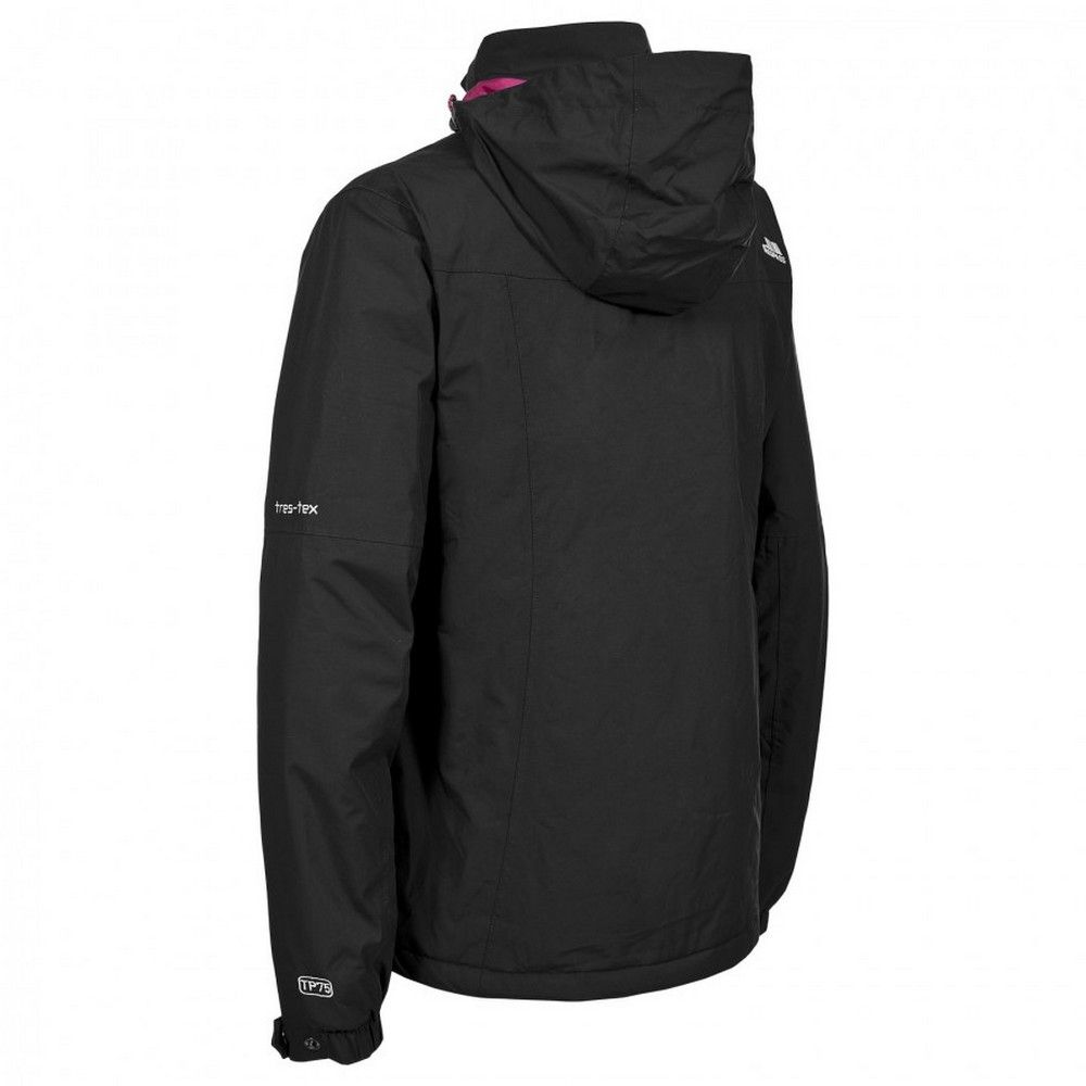 Womens lightly padded jacket. Contrast lining. Adjustable concealed hood. 2 pockets. Inner pocket. Adjustable drawcord hem. Adjustable cuff. Waterproof 5000mm. Breathable 5000mvp. Windproof. Taped seams. Material composition: shell- 100% Polyamide PU coated, lining- 100% Polyester, padding- 100% Polyester. Trespass Womens Chest Sizing (approx): XS/8 - 32in/81cm, S/10 - 34in/86cm, M/12 - 36in/91.4cm, L/14 - 38in/96.5cm, XL/16 - 40in/101.5cm, XXL/18 - 42in/106.5cm.